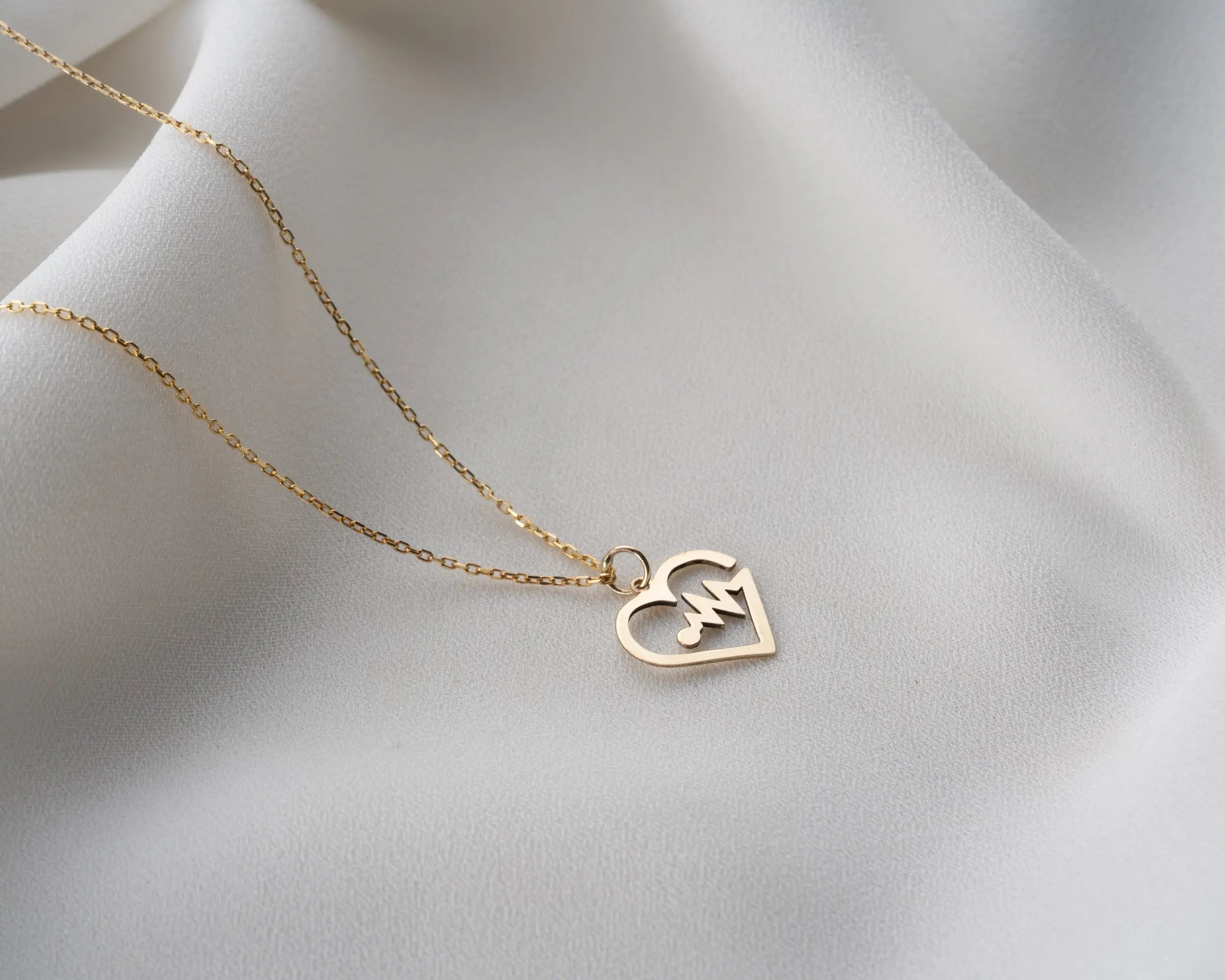 14K Solid Gold Heartbeat EKG Pendant Necklace