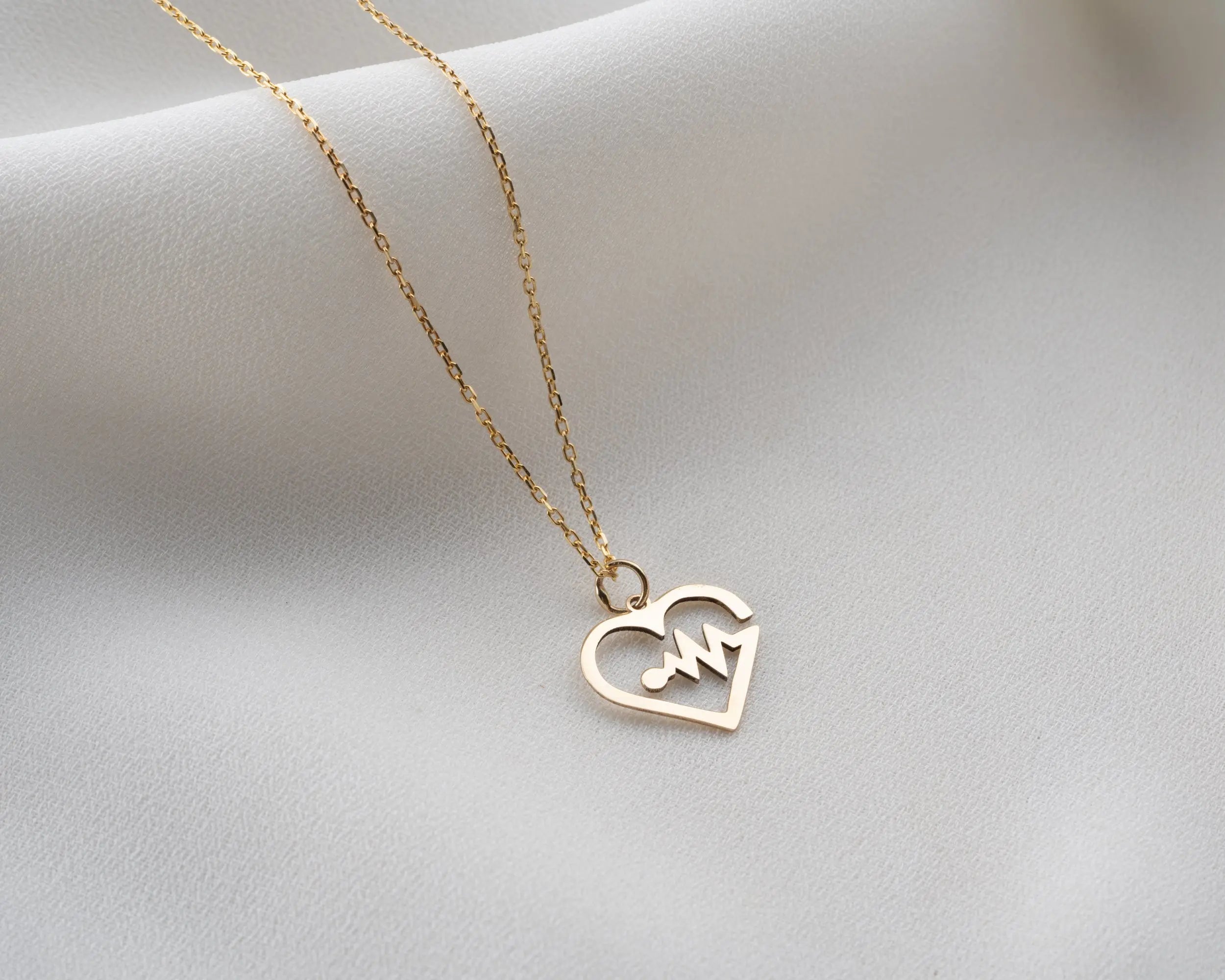14K Solid Gold Heartbeat EKG Pendant Necklace