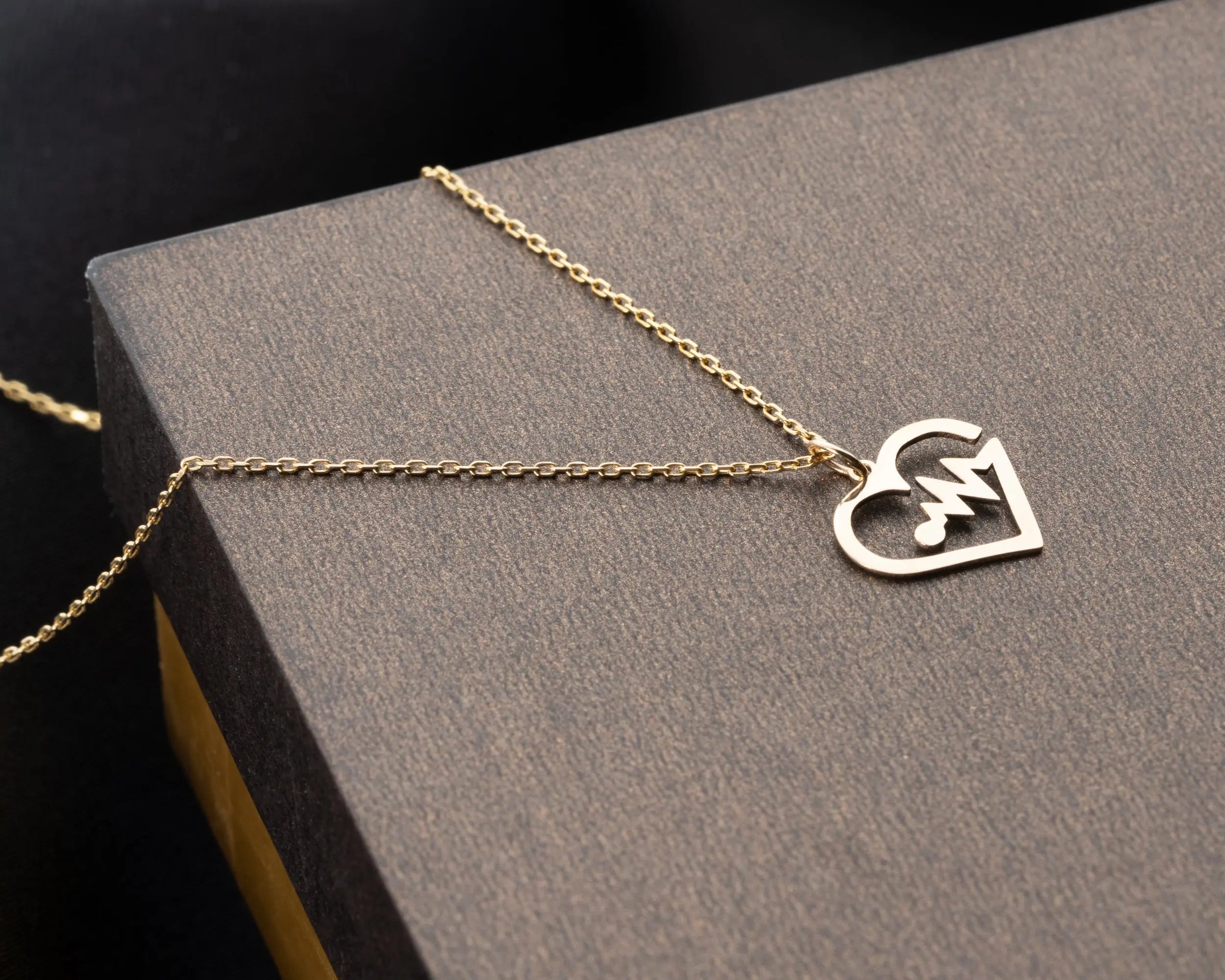 14K Solid Gold Heartbeat EKG Pendant Necklace