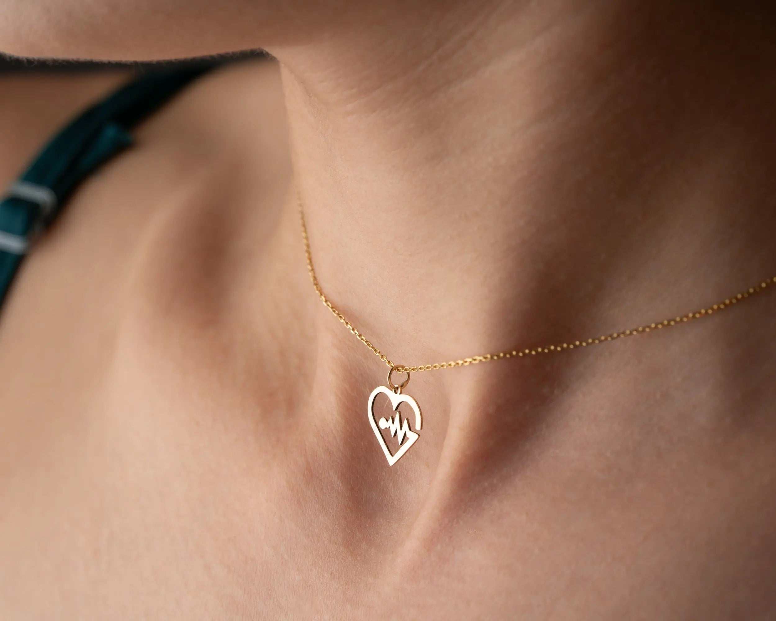 14K Solid Gold Heartbeat EKG Pendant Necklace