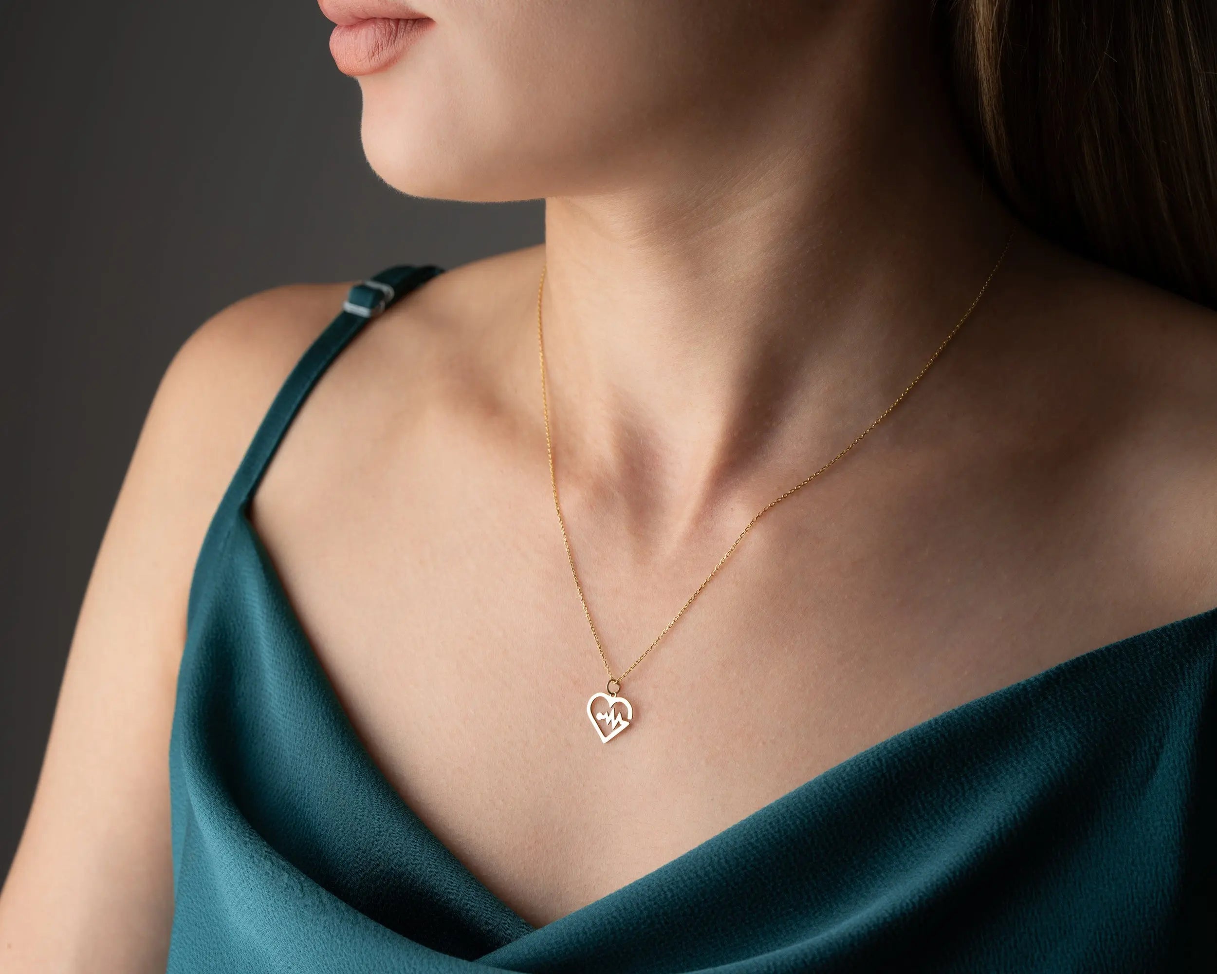 14K Solid Gold Heartbeat EKG Pendant Necklace
