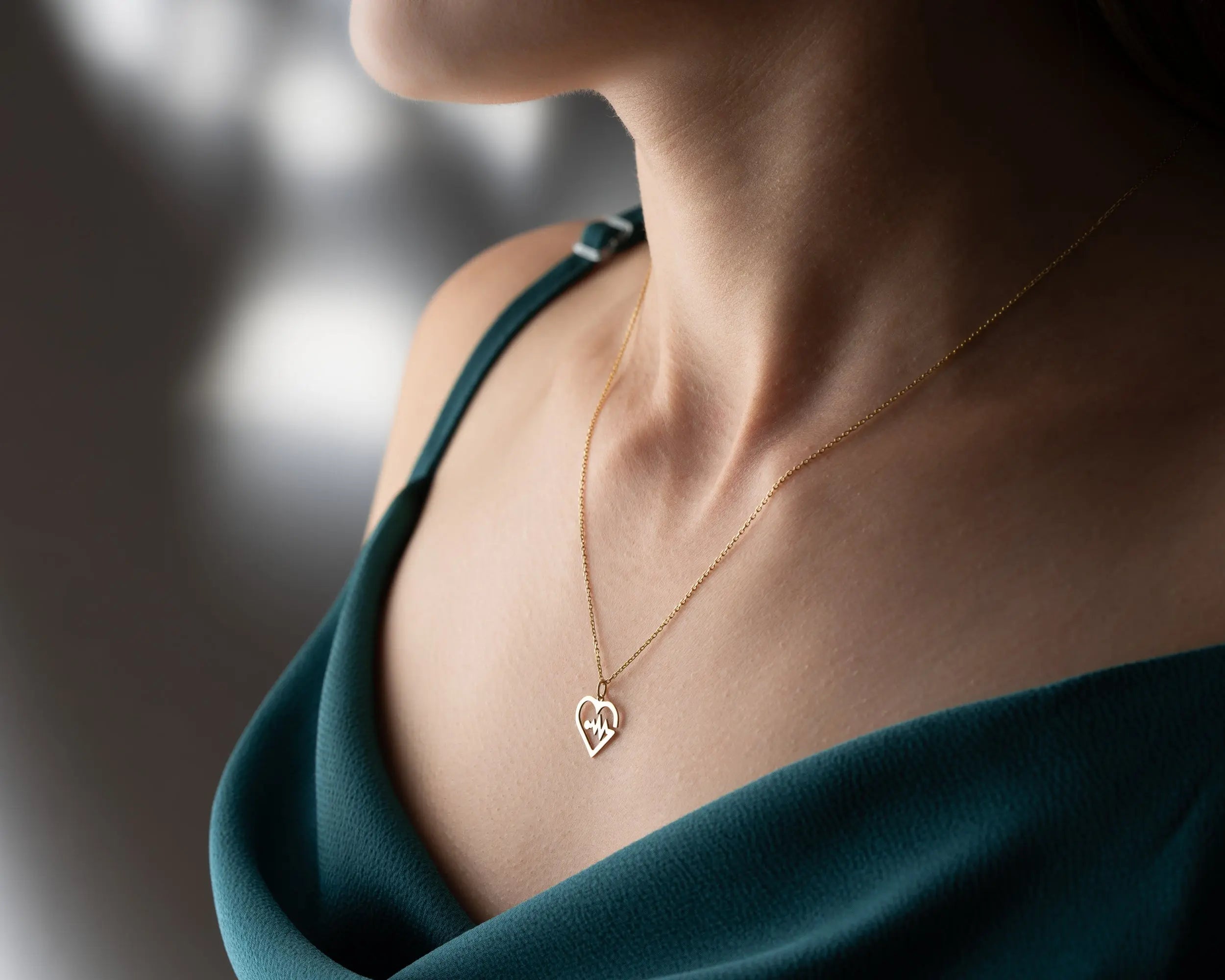 14K Solid Gold Heartbeat EKG Pendant Necklace