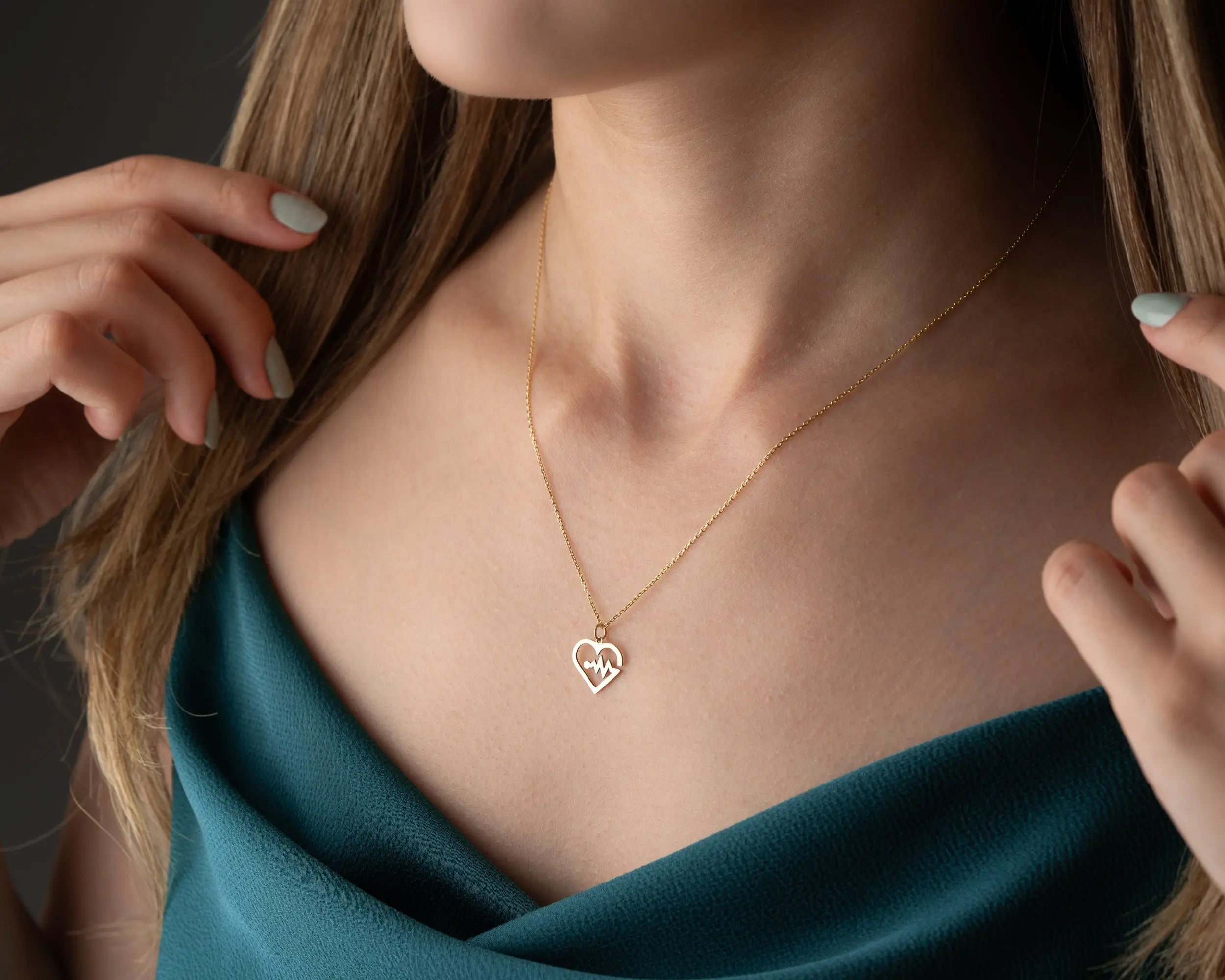 14K Solid Gold Heartbeat EKG Pendant Necklace