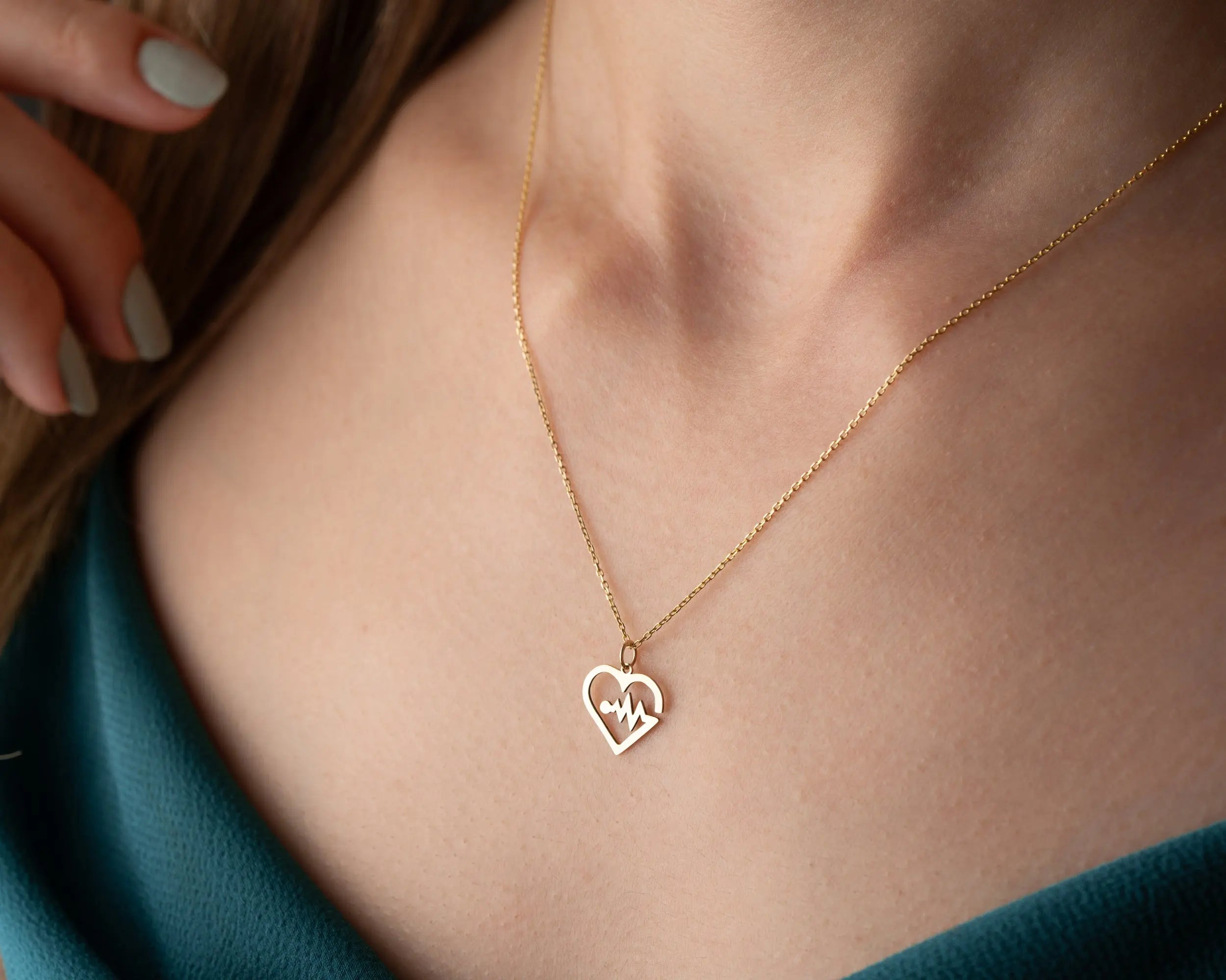 14K Solid Gold Heartbeat EKG Pendant Necklace