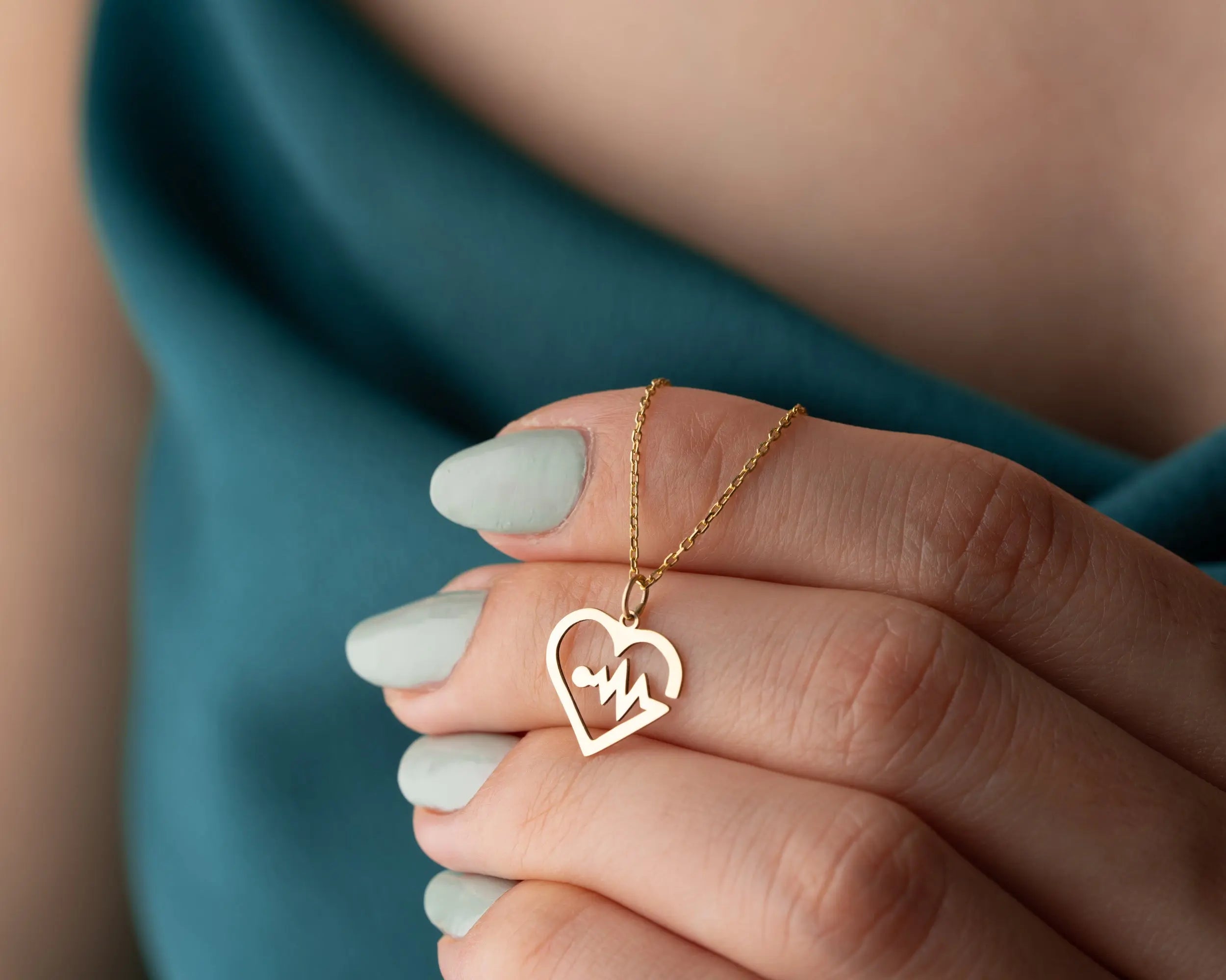 14K Solid Gold Heartbeat EKG Pendant Necklace