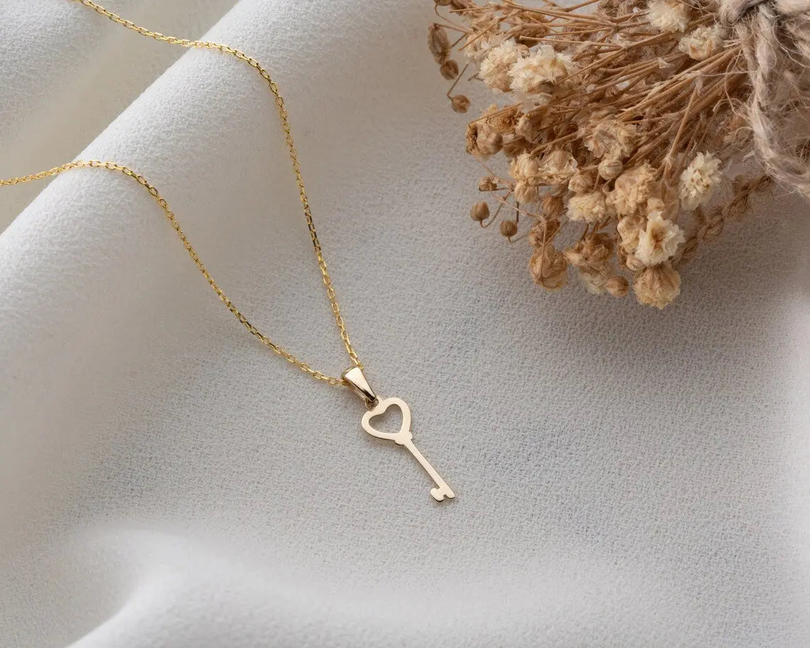 Necklace With A Key | 14K Gold Pendant Heart Key Charm | Varto Jewelry