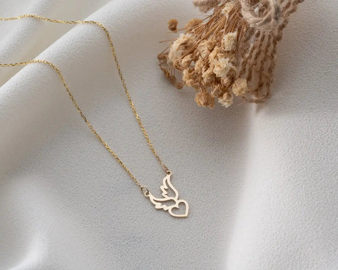 Heart Necklace With Wings | 14K Gold Wings Love Pendant| Varto Jewelry