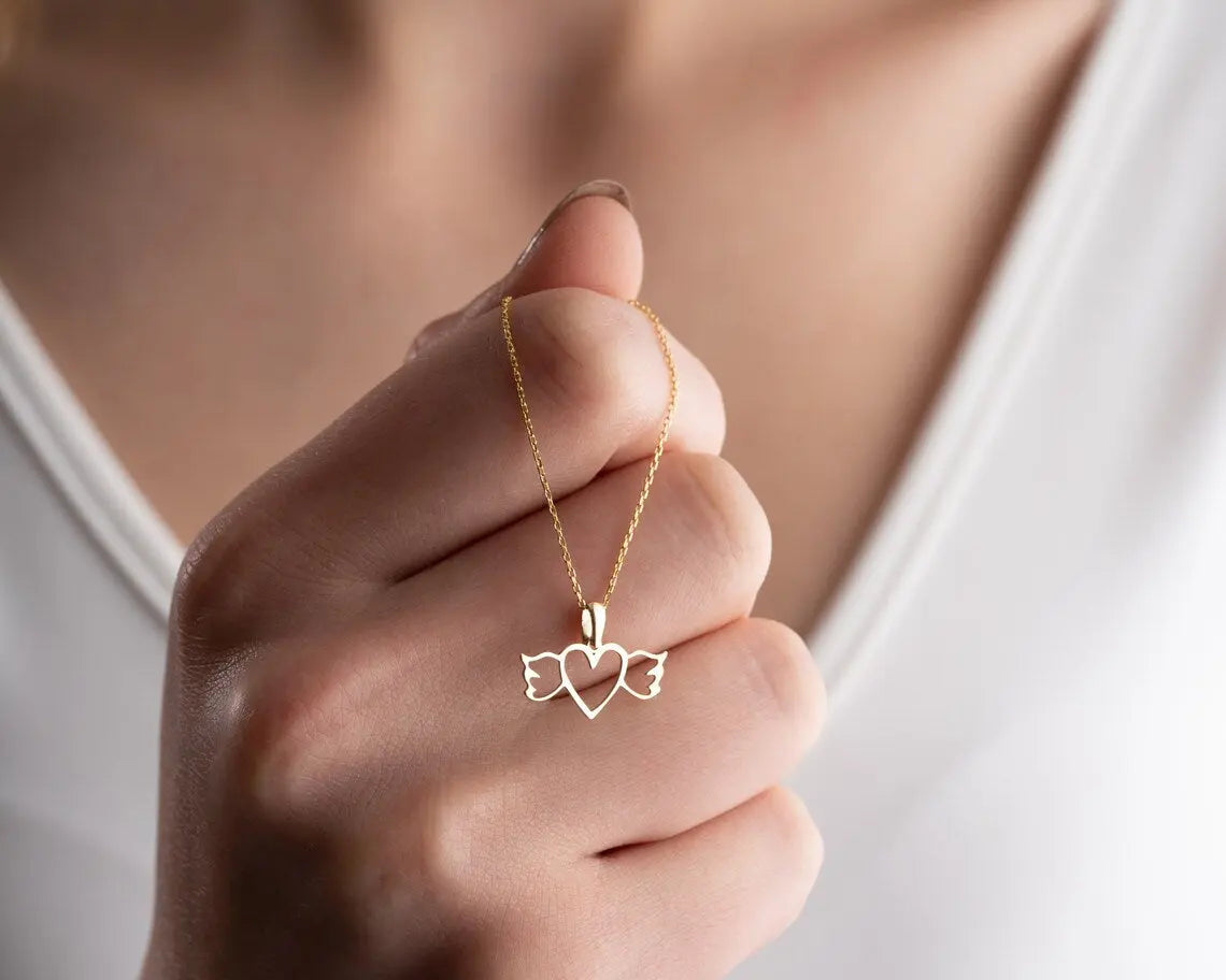 Necklace With Angel Wings | Gold Winged Heart Necklace | Varto Jewelry