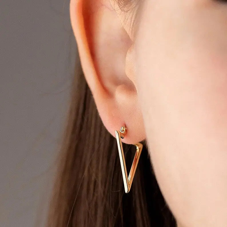 14K Solid Gold Triangle Tube Hoop Earrings | Solid 14K Gold Hoop Earrings | Varto Jewelry
