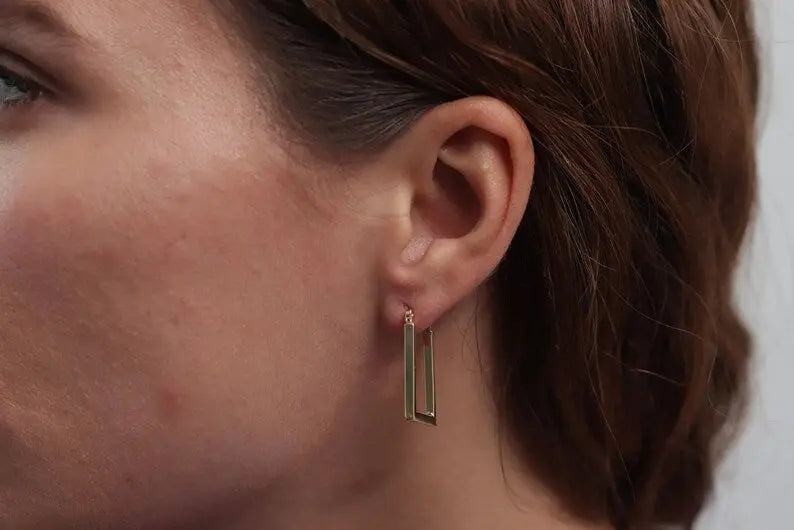 Rectangle Hoop Earrings | 14K Gold Rectangle Earrings | Varto Jewelry