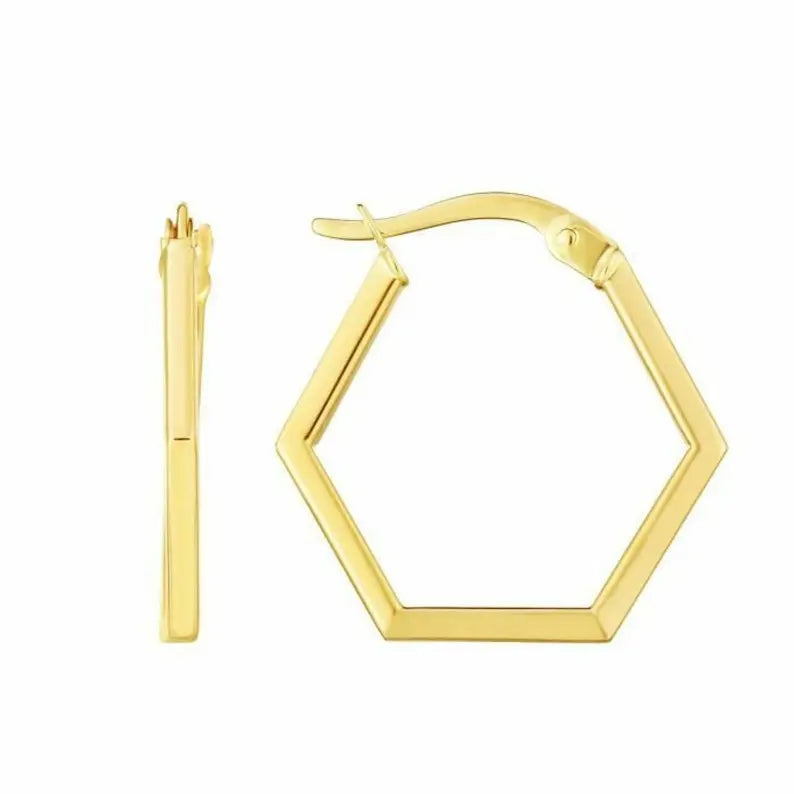 Hexagon Hoop Earrings | Earrings Real 14K Yellow Gold | Varto Jewelry