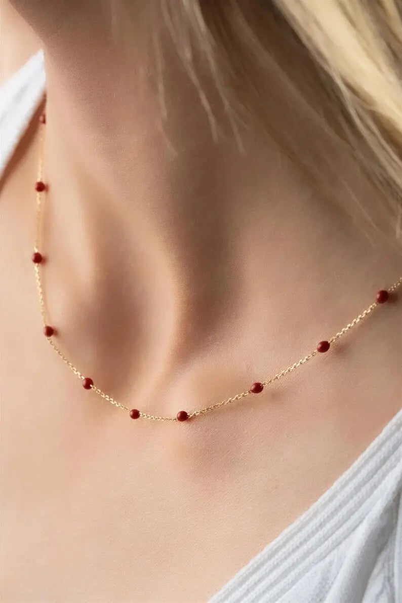 Dainty 14k Gold Necklace | 14K Gold Red Bead Necklace | Varto Jewelry