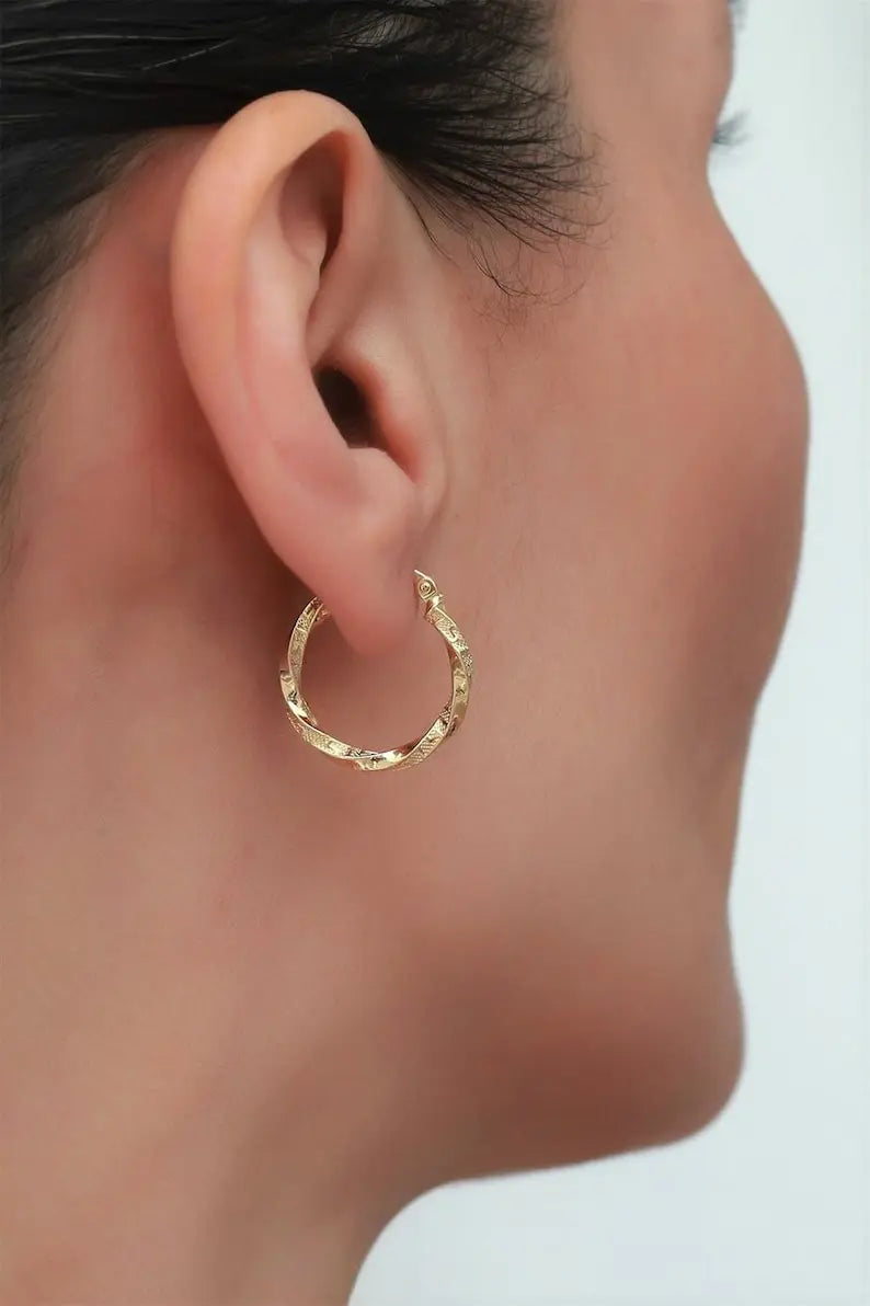 Solid Gold Earrings | 14K Gold Twisted Hoop Earrings | Varto Jewelry