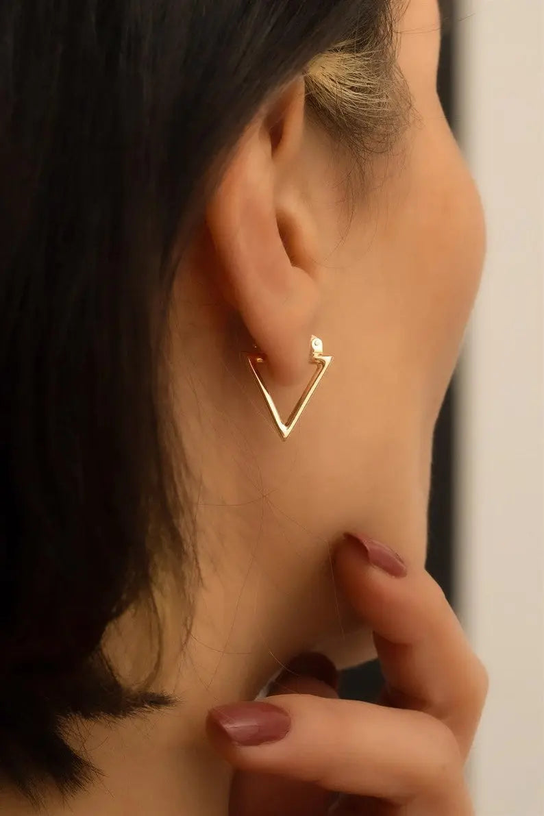 14K Solid Gold Triangle Tube Hoop Earrings | Solid 14K Gold Hoop Earrings | Varto Jewelry