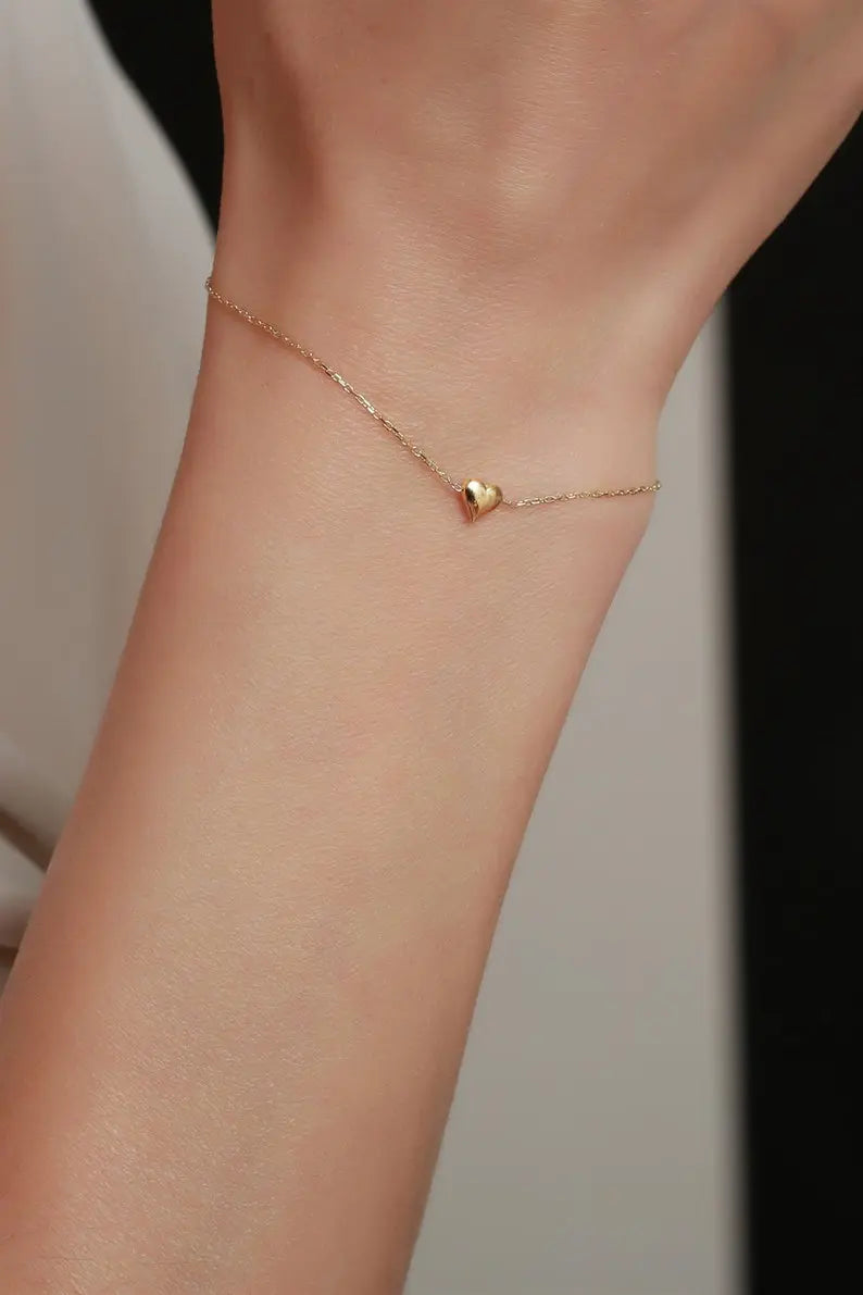 Gold Bracelet With Heart | 14K Gold Tiny Heart Bracelet| Varto Jewelry