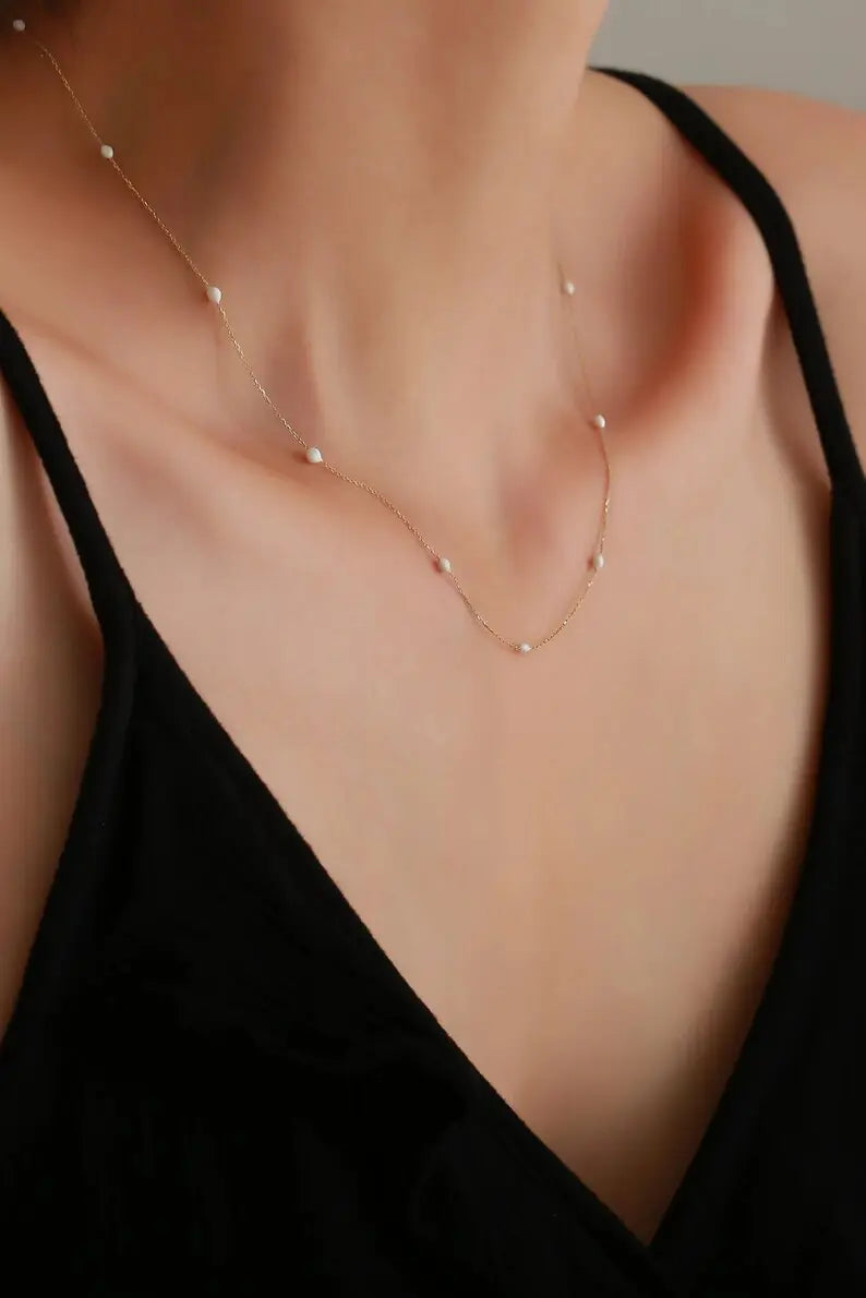 Dainty Beaded Necklace | 14k Solid Gold Beaded Necklace| Varto Jewelry