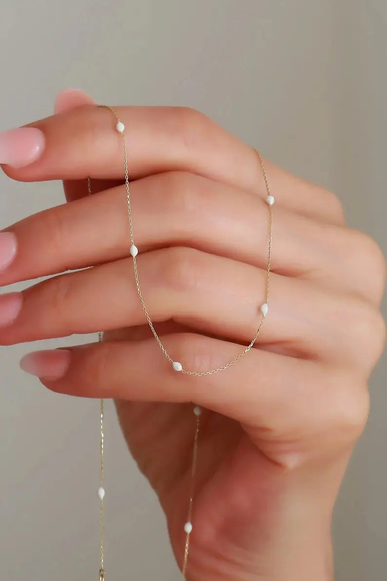 Dainty Beaded Necklace | 14k Solid Gold Beaded Necklace| Varto Jewelry
