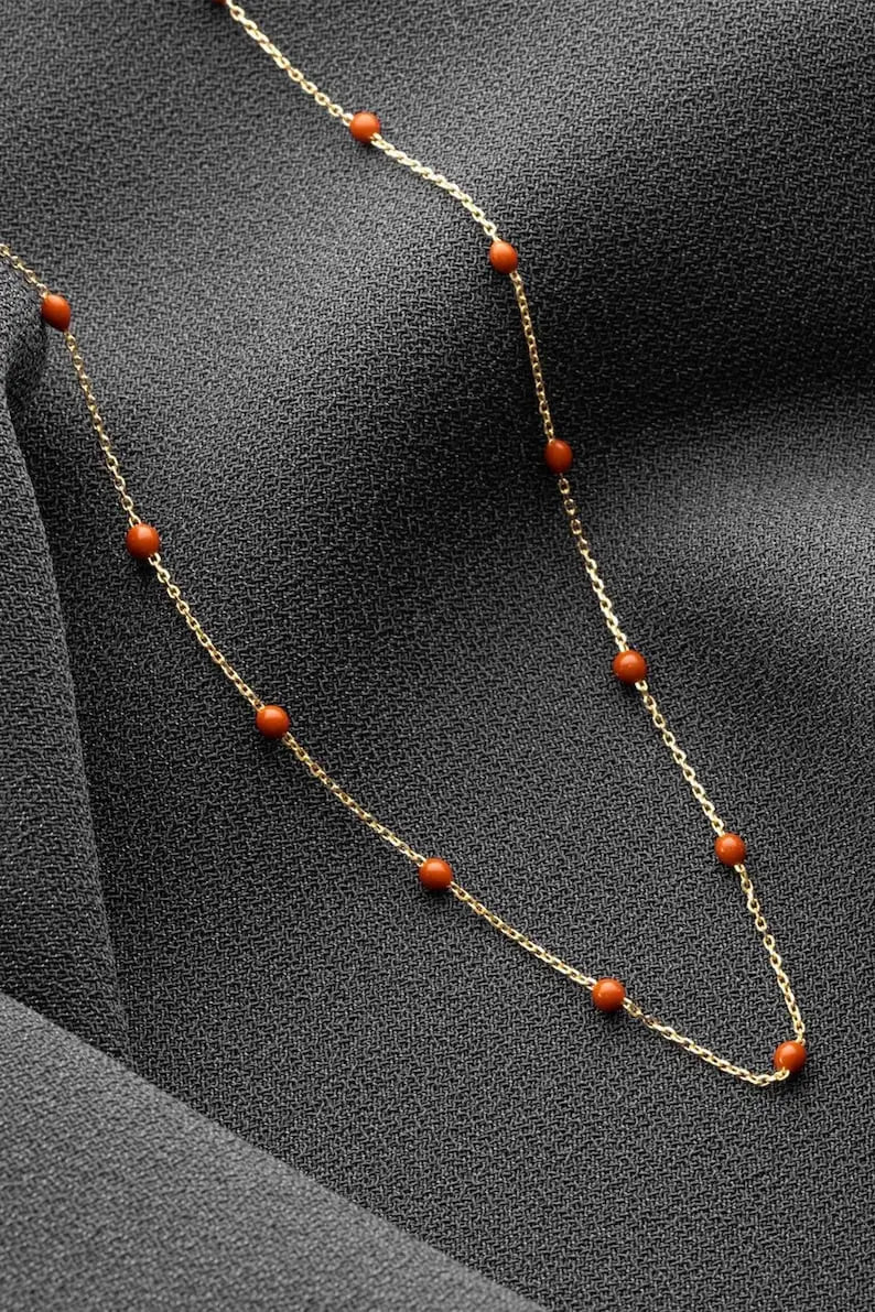 Dainty 14k Gold Necklace | 14K Gold Red Bead Necklace | Varto Jewelry