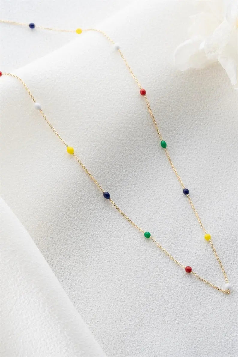 Rainbow Beaded Necklace | 4K Solid Gold Dainty Necklace| Varto Jewelry