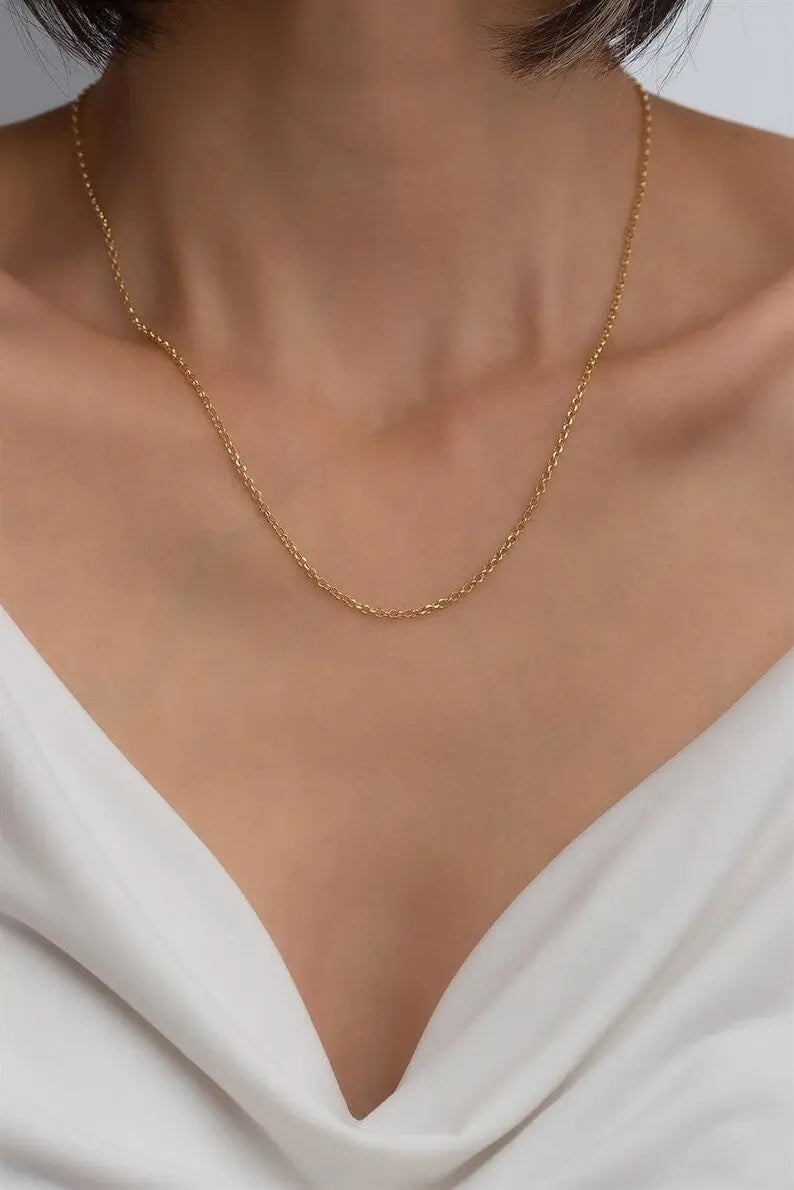 Solid 14K Gold Rolo Cable Chain, 14K Gold Rolo Link Chain Necklace - My Store