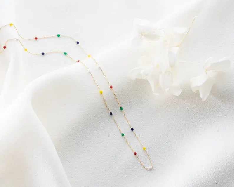 Rainbow Beaded Necklace | 4K Solid Gold Dainty Necklace| Varto Jewelry