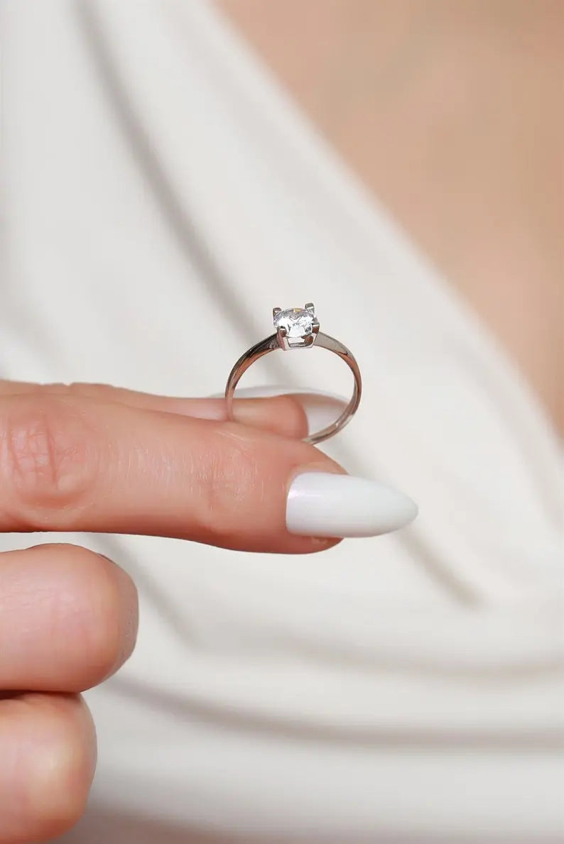 Simple Gold Engagement Ring |14K Gold CZ Solitaire Ring| Varto Jewelry