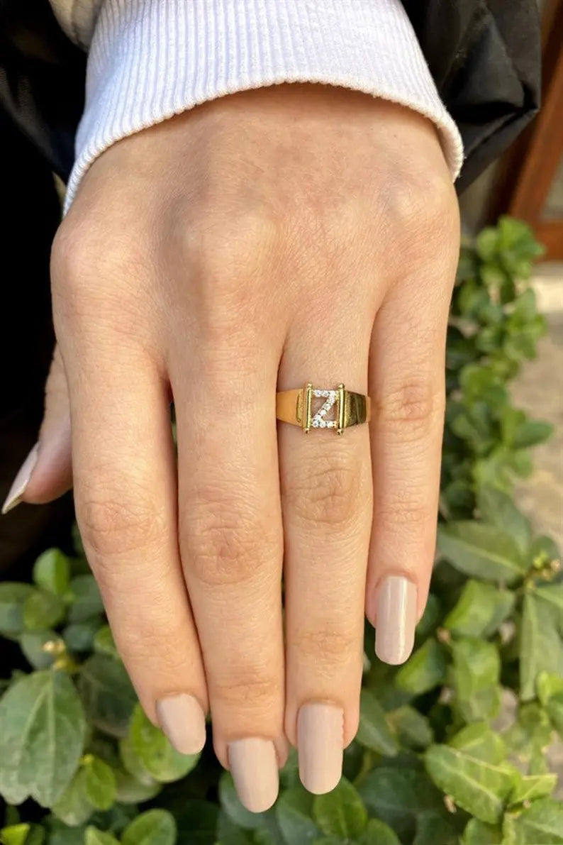 Gold Ring With Initials | Custom Pave Stone Gold Ring | Varto Jewelry