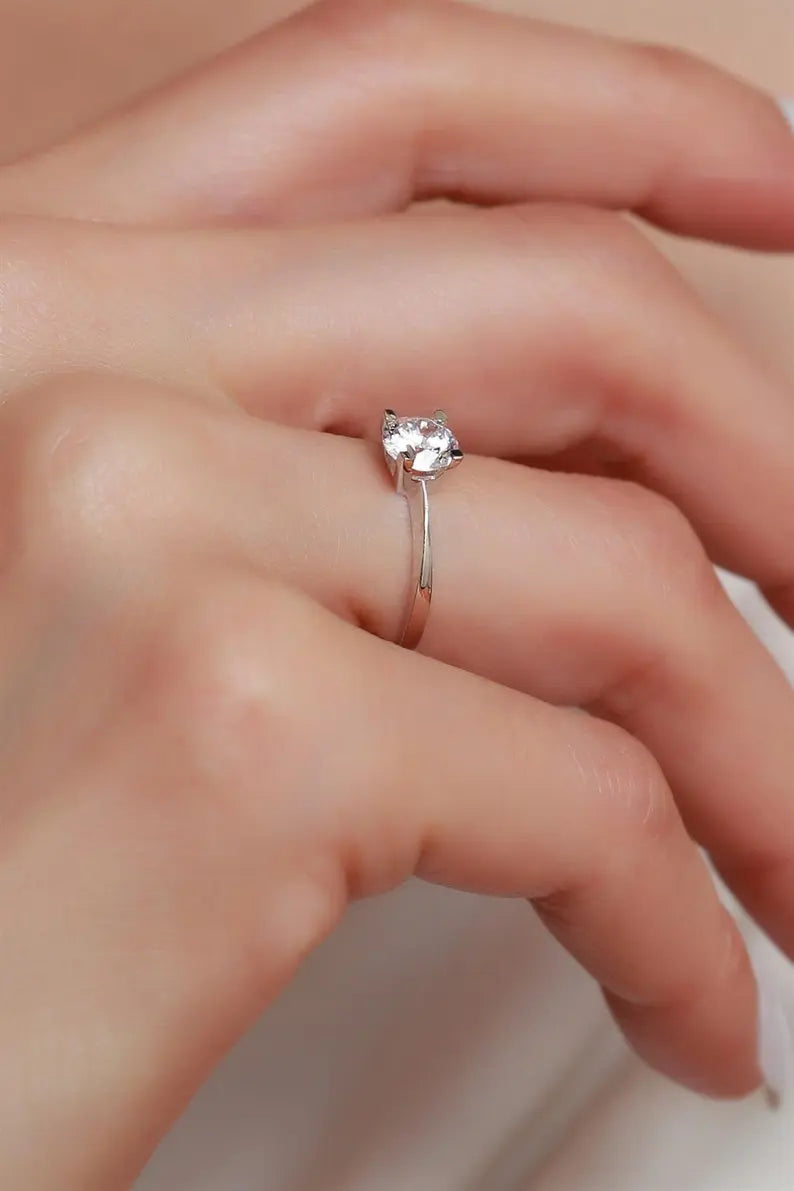 Simple Gold Engagement Ring |14K Gold CZ Solitaire Ring| Varto Jewelry
