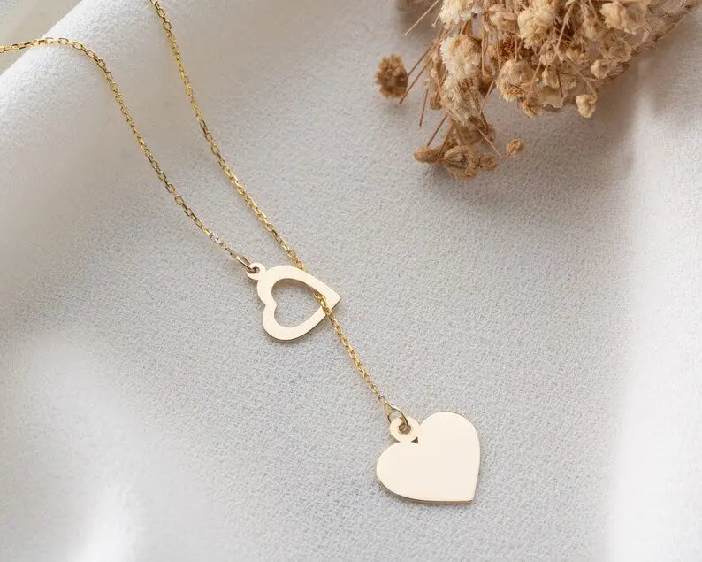 Lariat Gold Necklace | 14K Gold Double Heart Necklace | Varto Jewelry