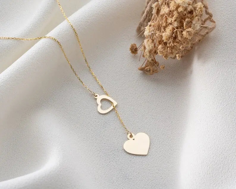 Lariat Gold Necklace | 14K Gold Double Heart Necklace | Varto Jewelry