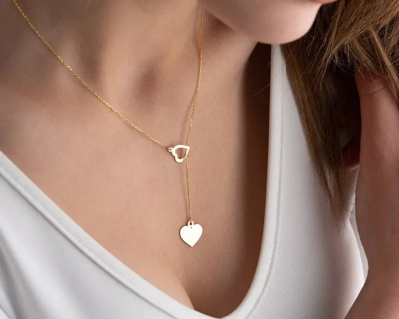Lariat Gold Necklace | 14K Gold Double Heart Necklace | Varto Jewelry
