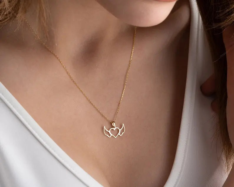 Angel Wings Gold Necklace | 14K Gold Heart Necklace | Varto Jewelry