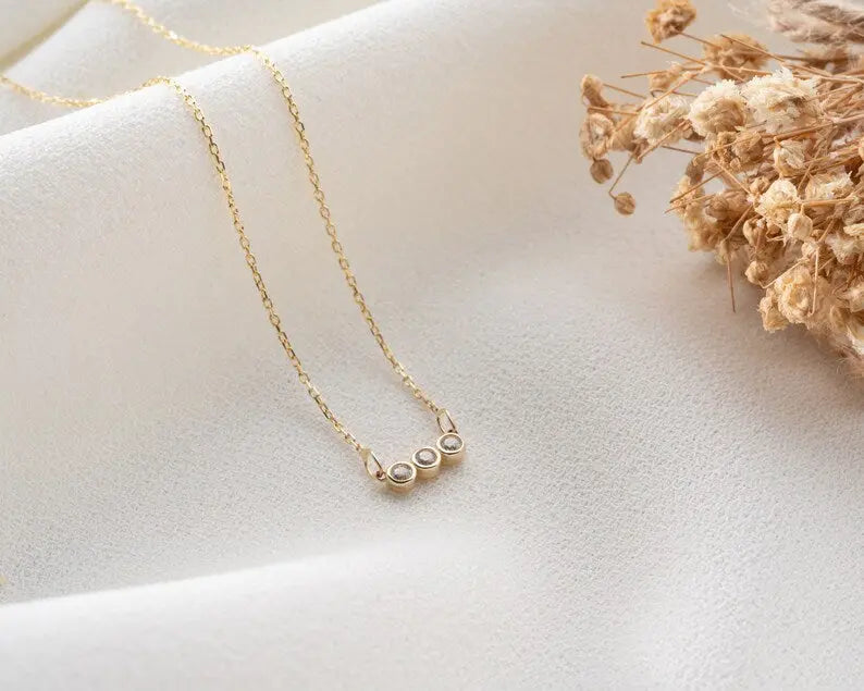 3 Stone Pendant Necklace | 14k Solid Gold Trio Necklace| Varto Jewelry