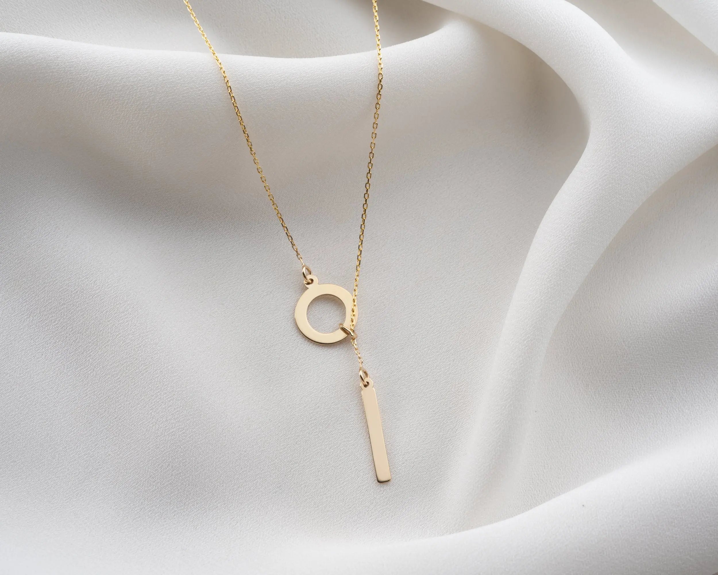 14k Gold Circle Lariat Necklace With Dropping Bar