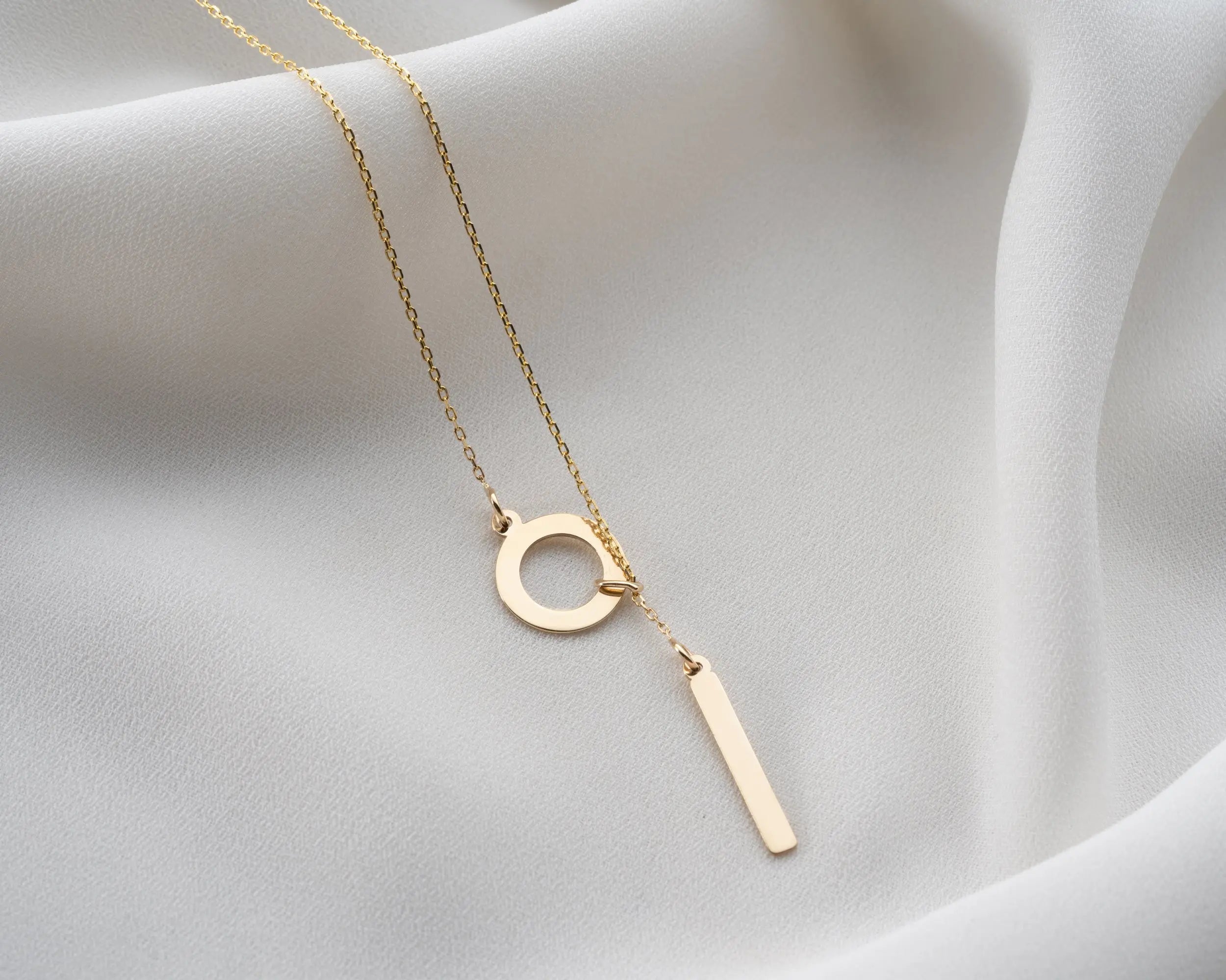 14k Gold Circle Lariat Necklace With Dropping Bar