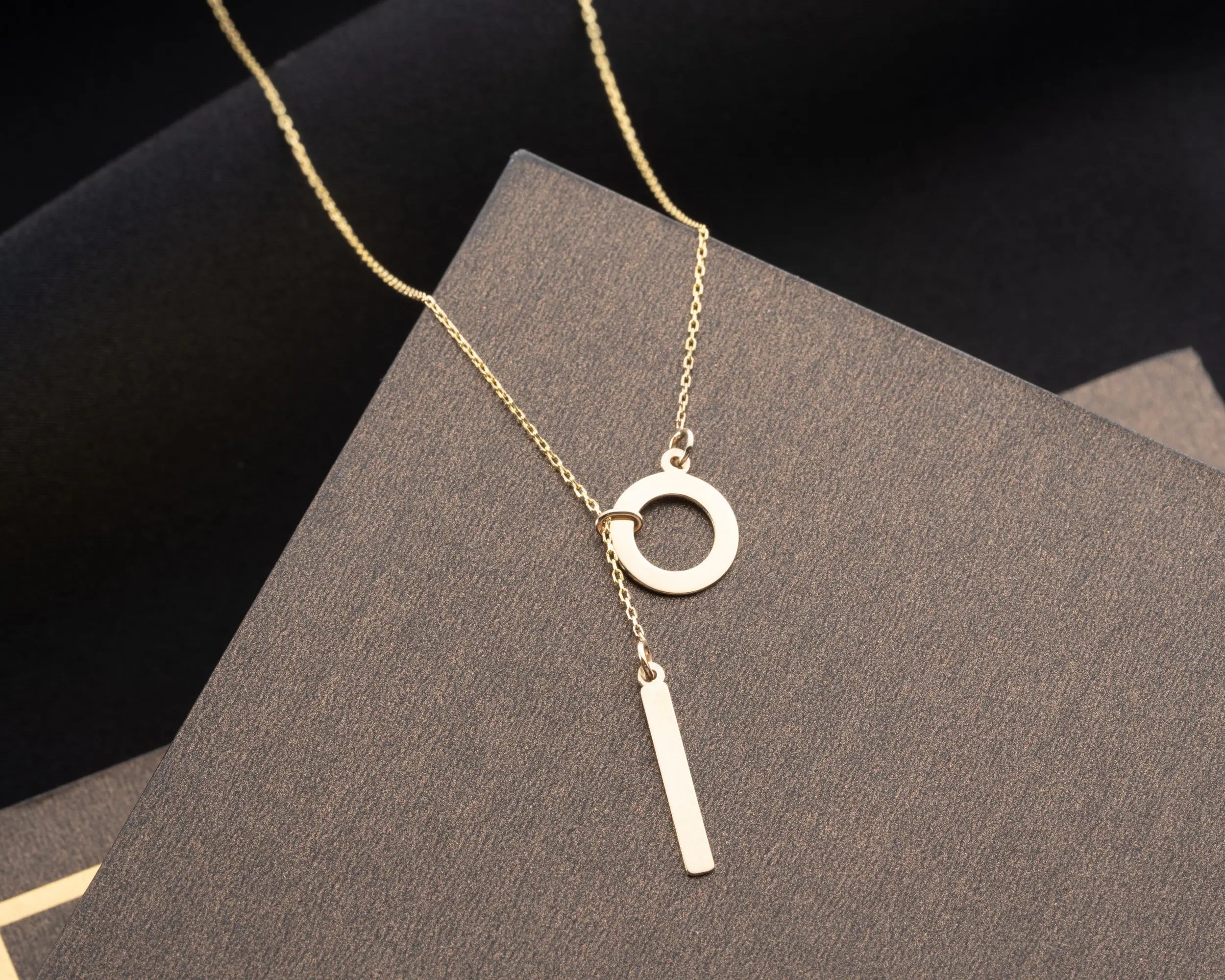 14k Gold Circle Lariat Necklace With Dropping Bar