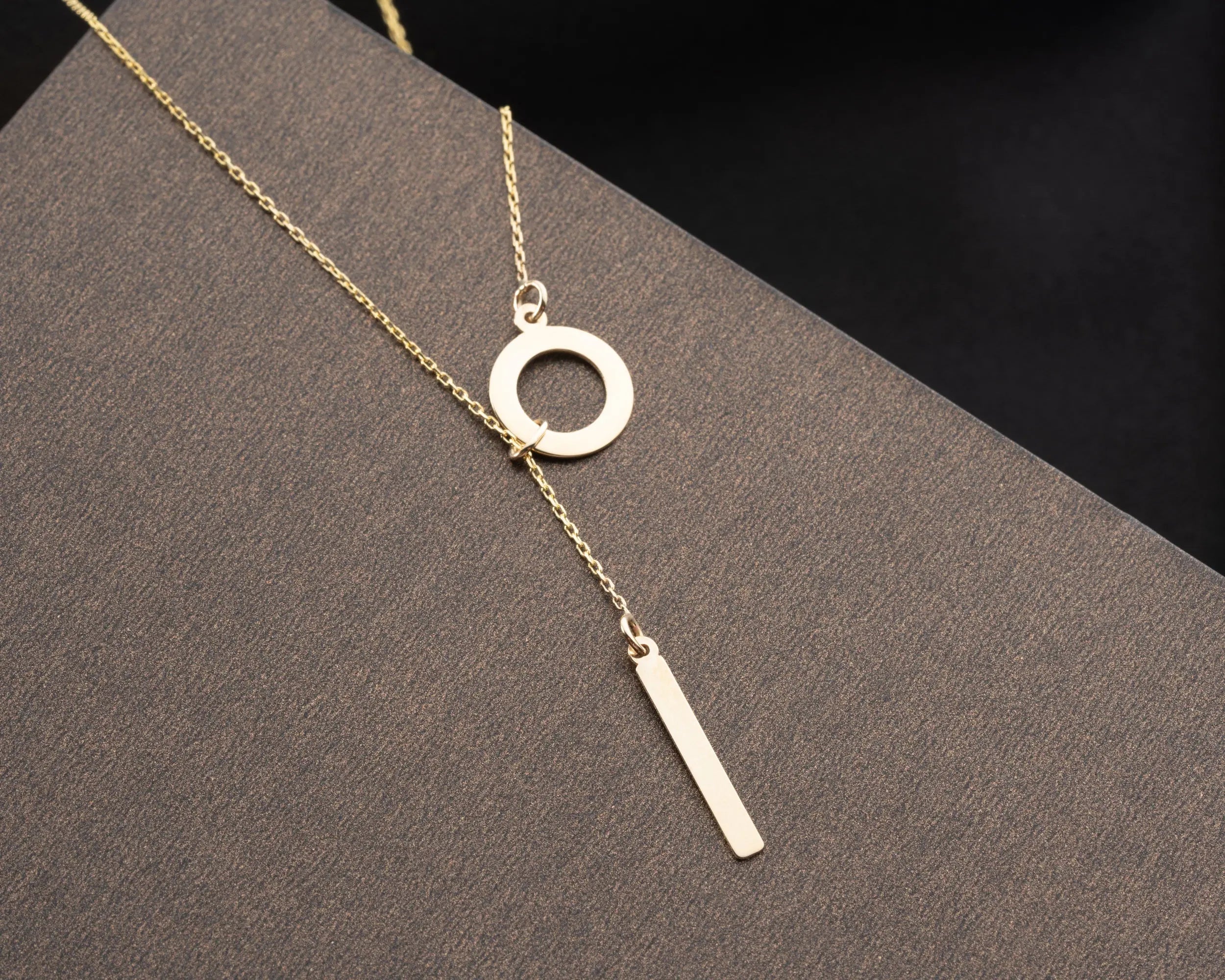 14k Gold Circle Lariat Necklace With Dropping Bar