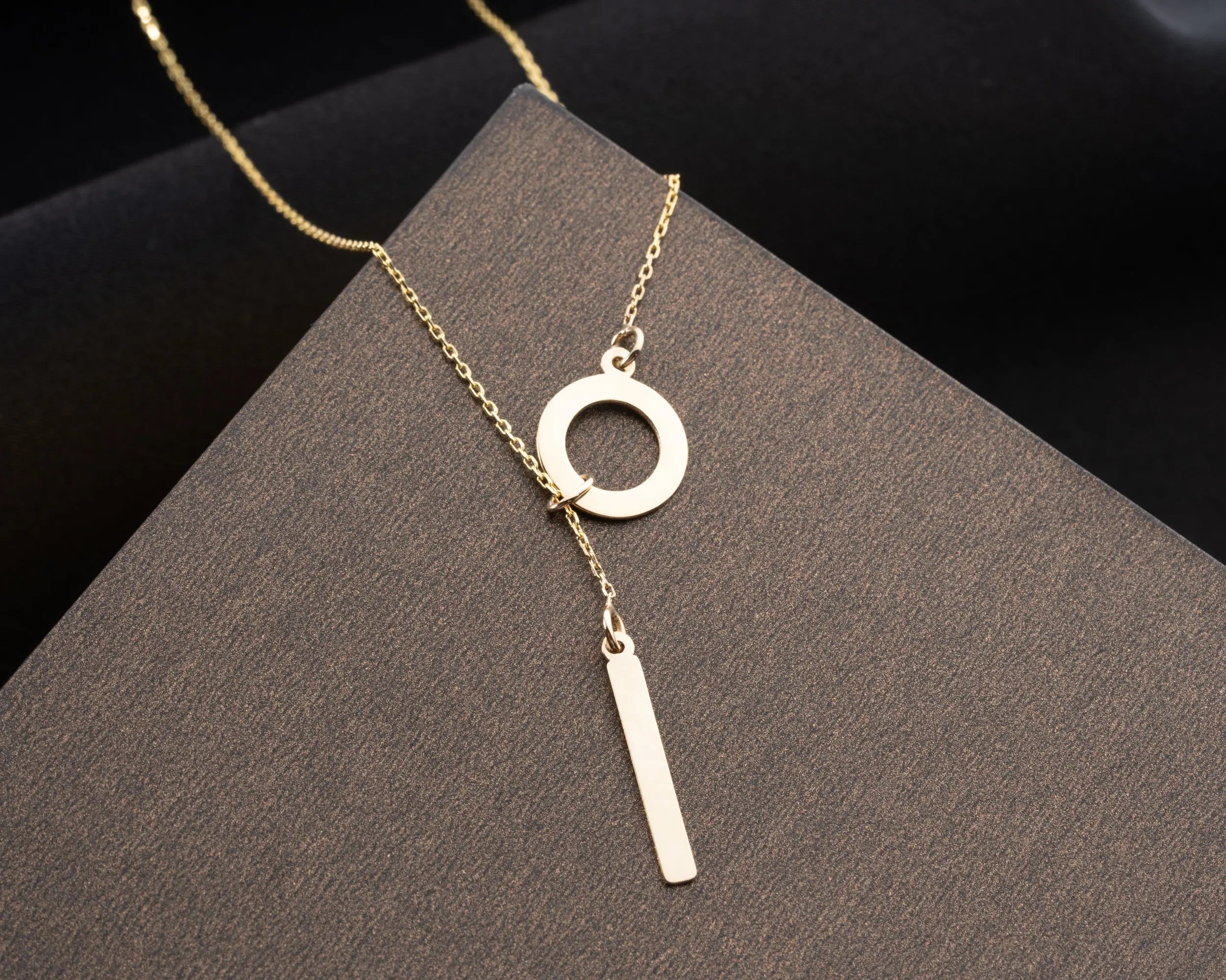 14k Gold Circle Lariat Necklace With Dropping Bar