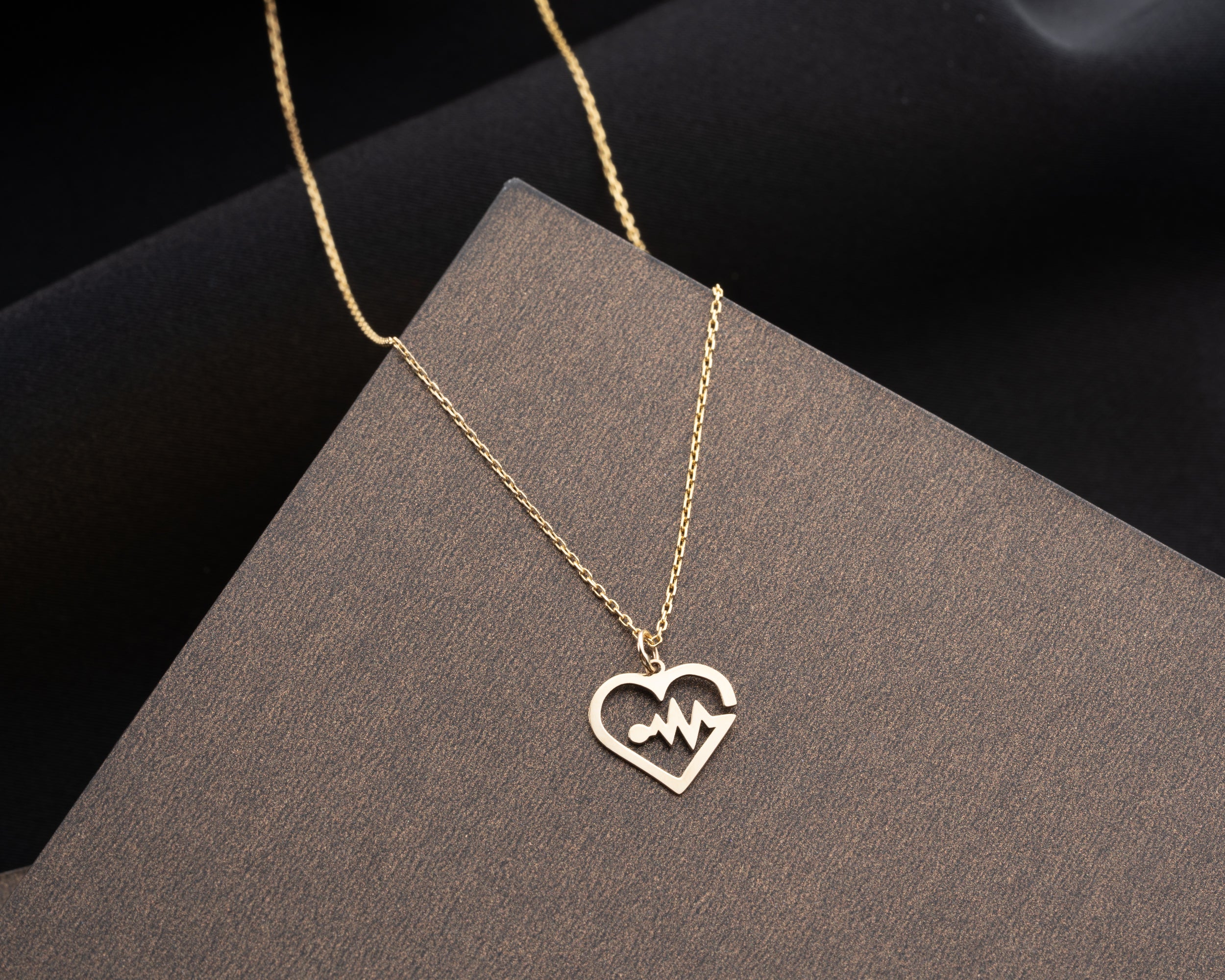 14K Solid Gold Heartbeat EKG Pendant Necklace