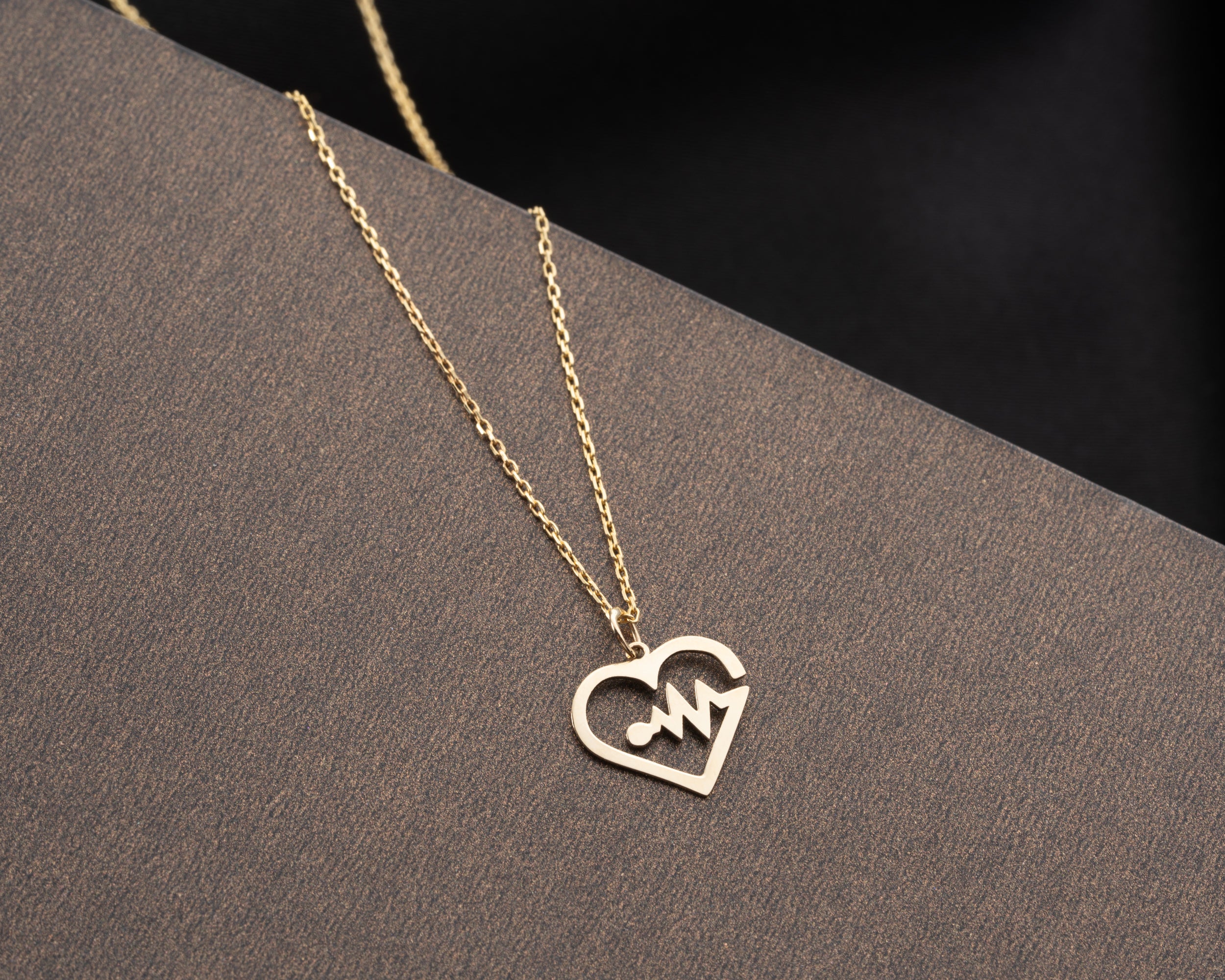 14K Solid Gold Heartbeat EKG Pendant Necklace