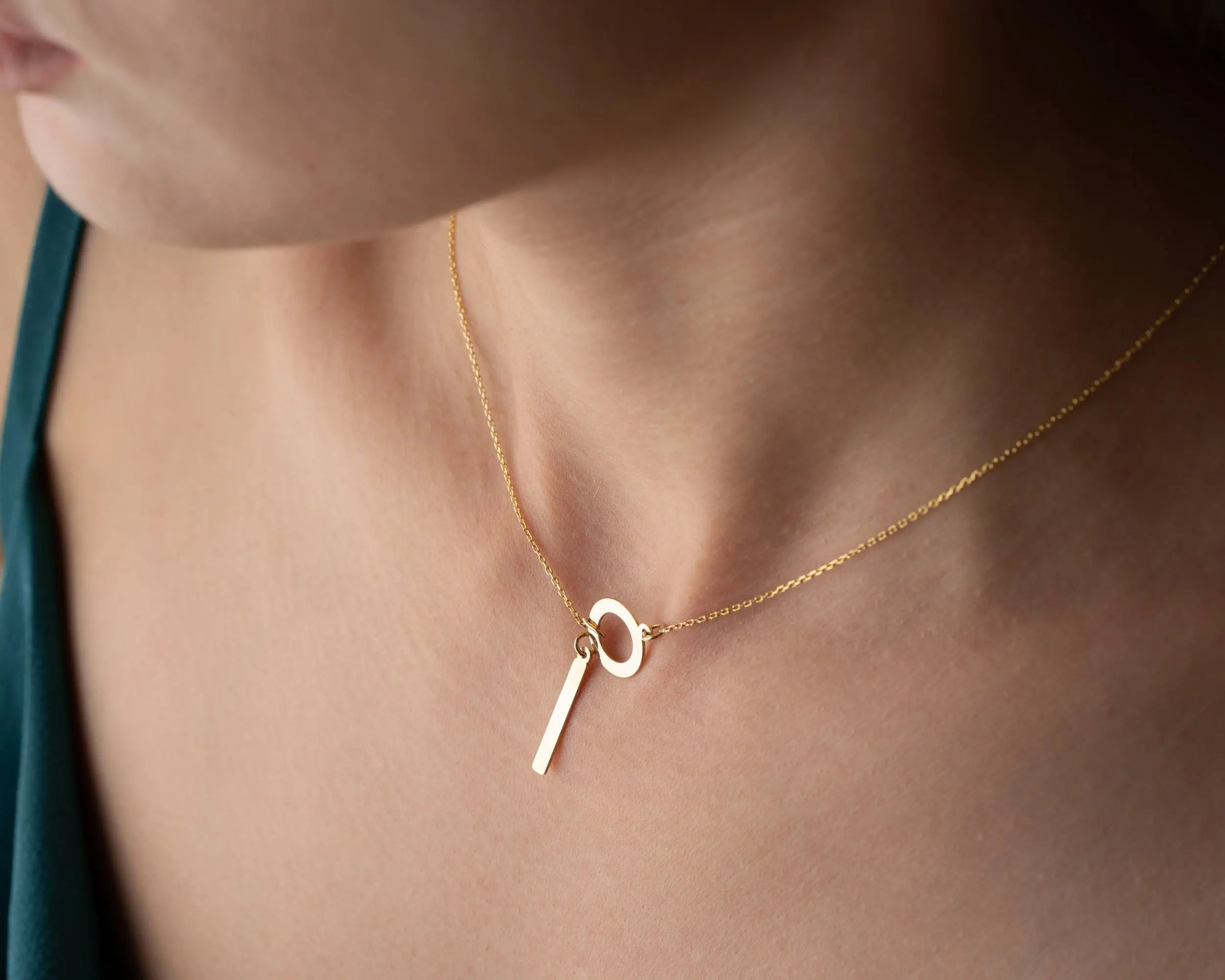 14k Gold Circle Lariat Necklace With Dropping Bar