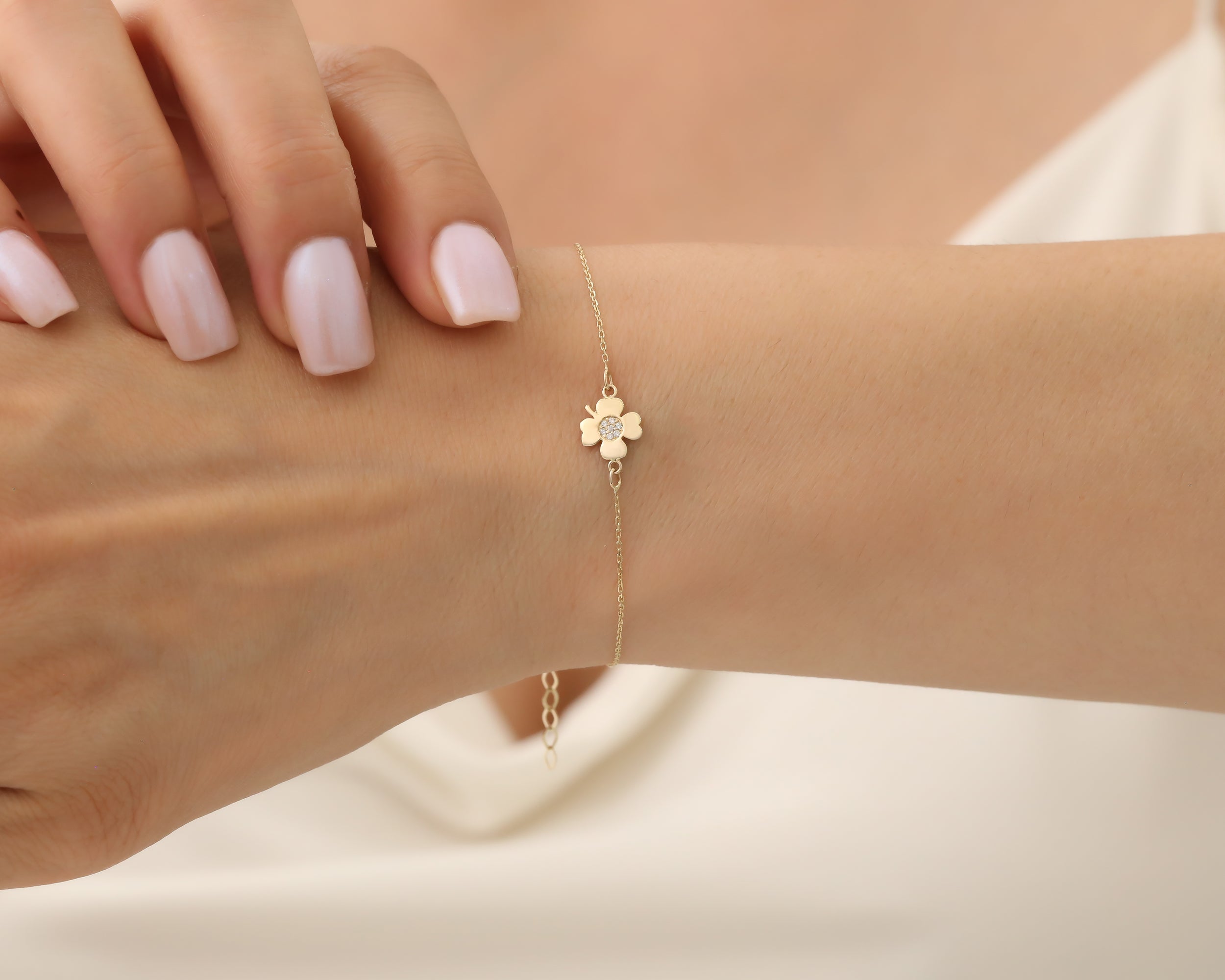 14K Solid Gold Four-Leaf Clover Bracelet - Lucky Charm