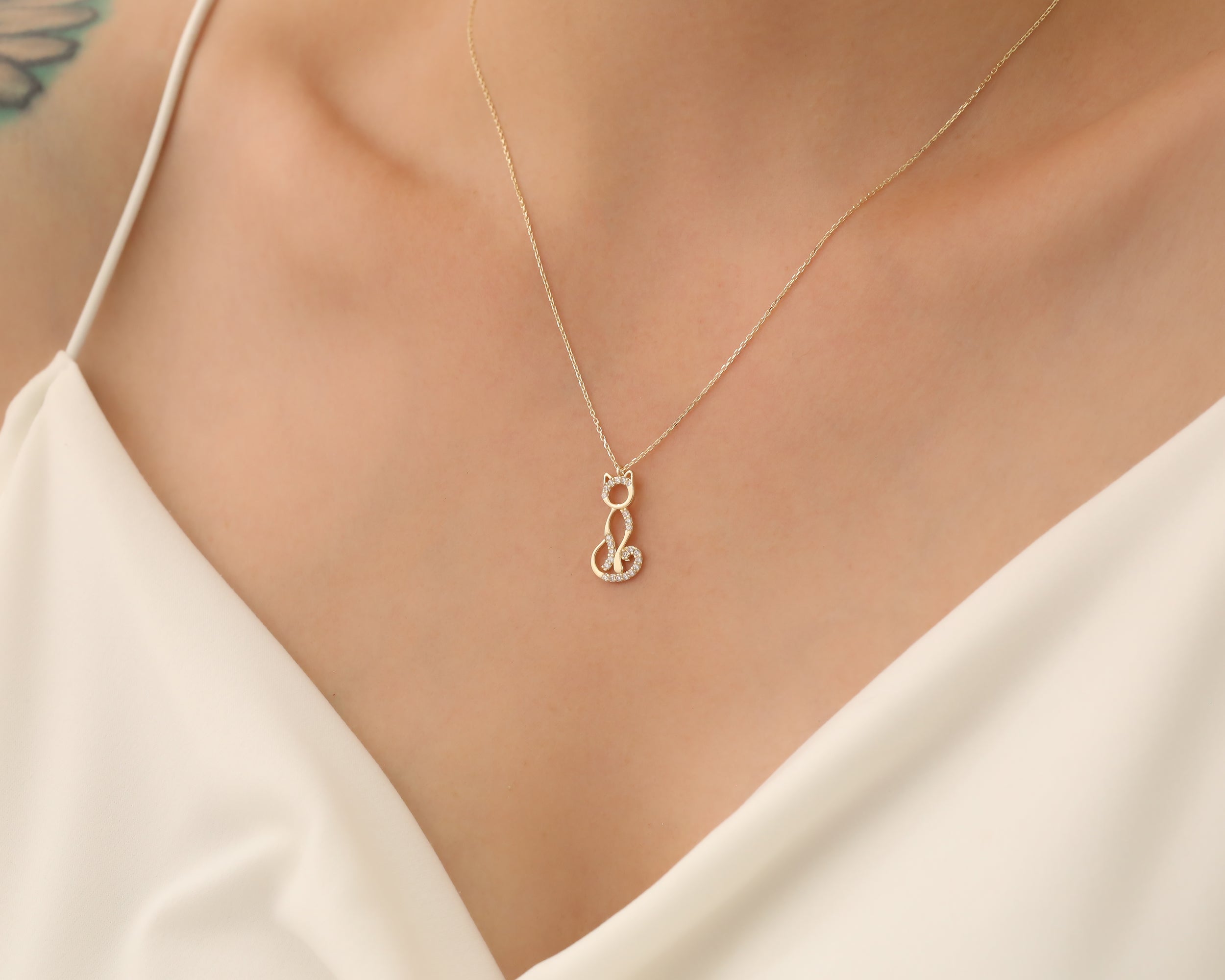 14K Solid Gold Cat Necklace with Pave Diamonds – Minimalist Cat Jewelry