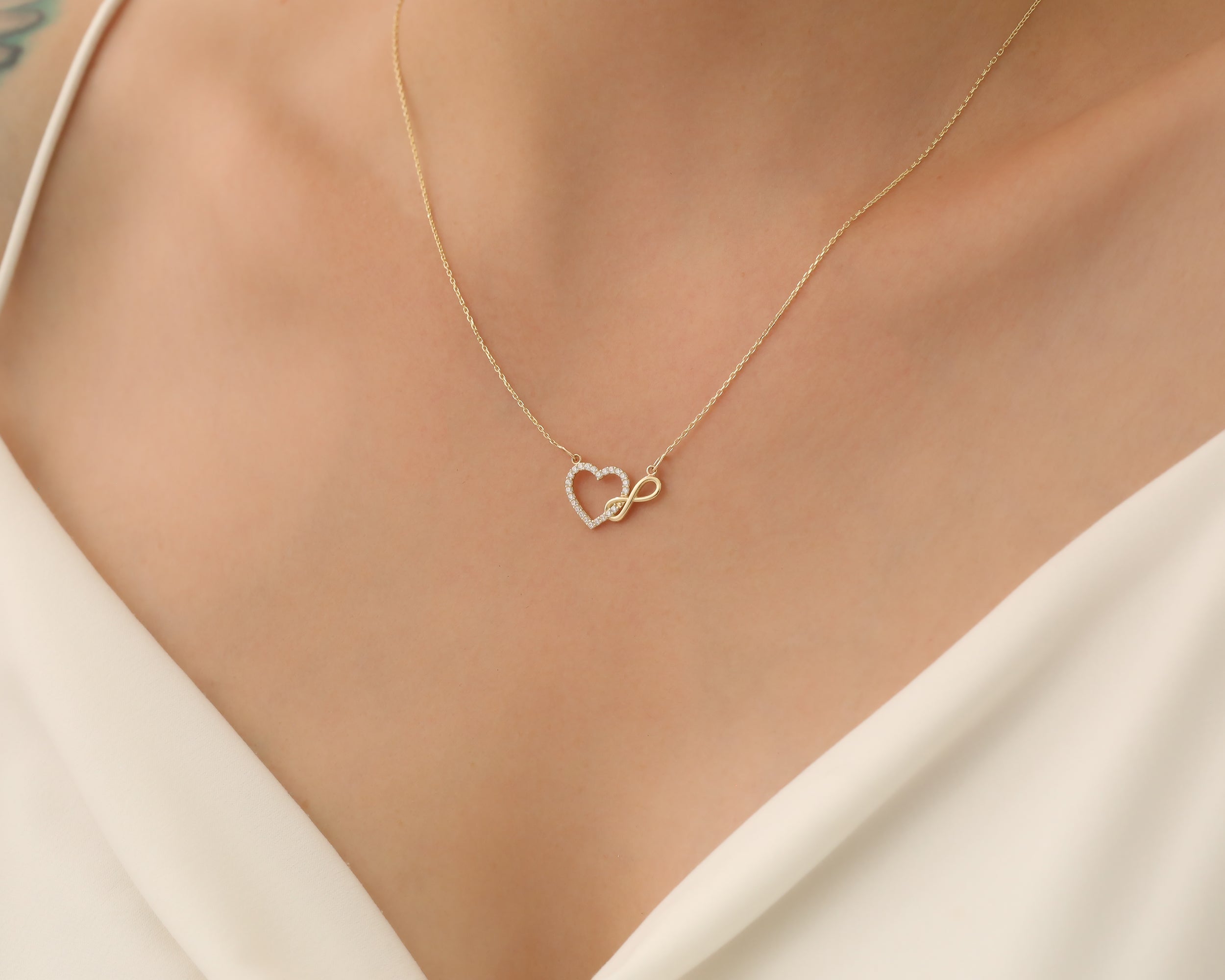 14K Solid Gold Heart & Infinity Necklace