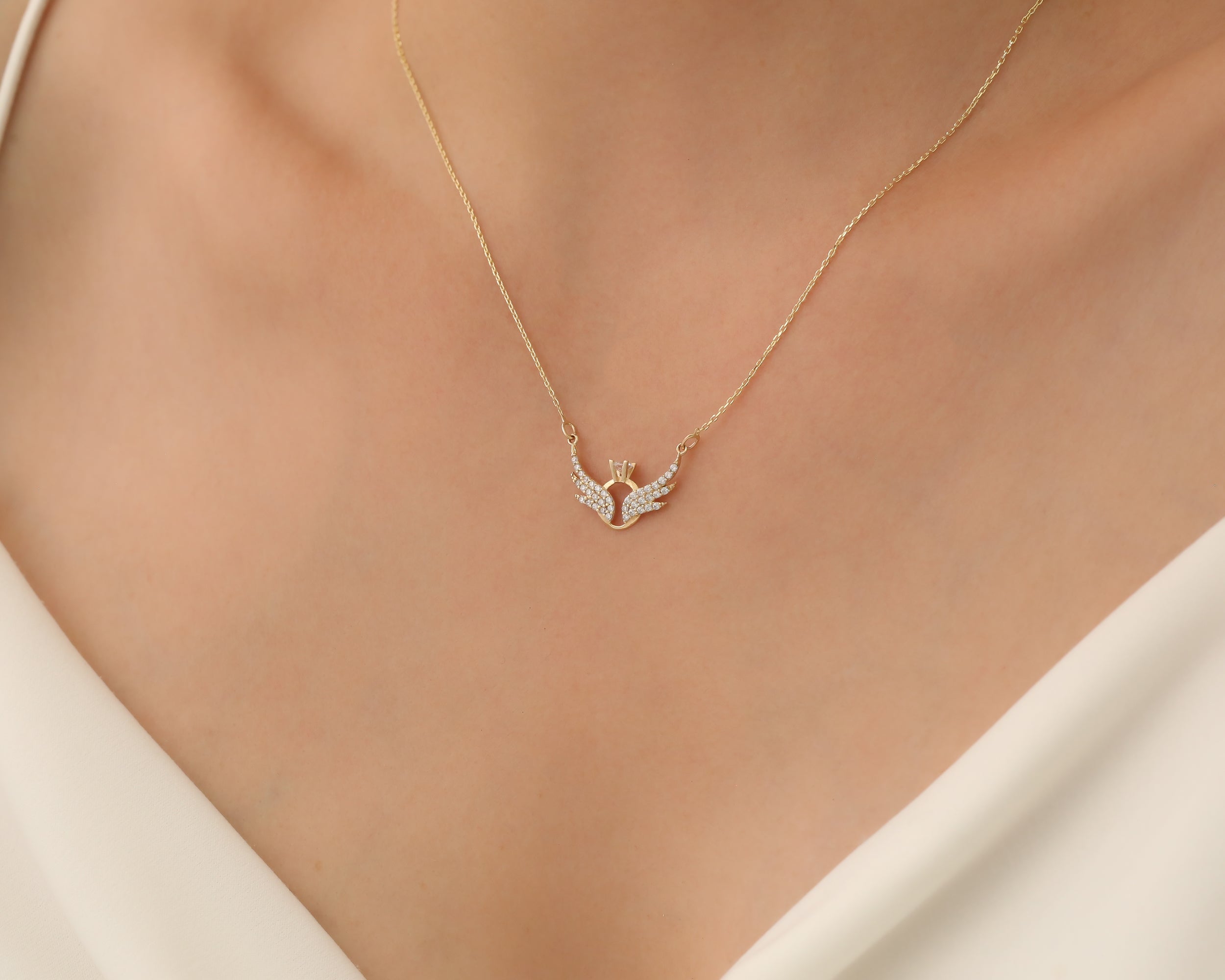 14K Solid Gold Angel Wing Necklace