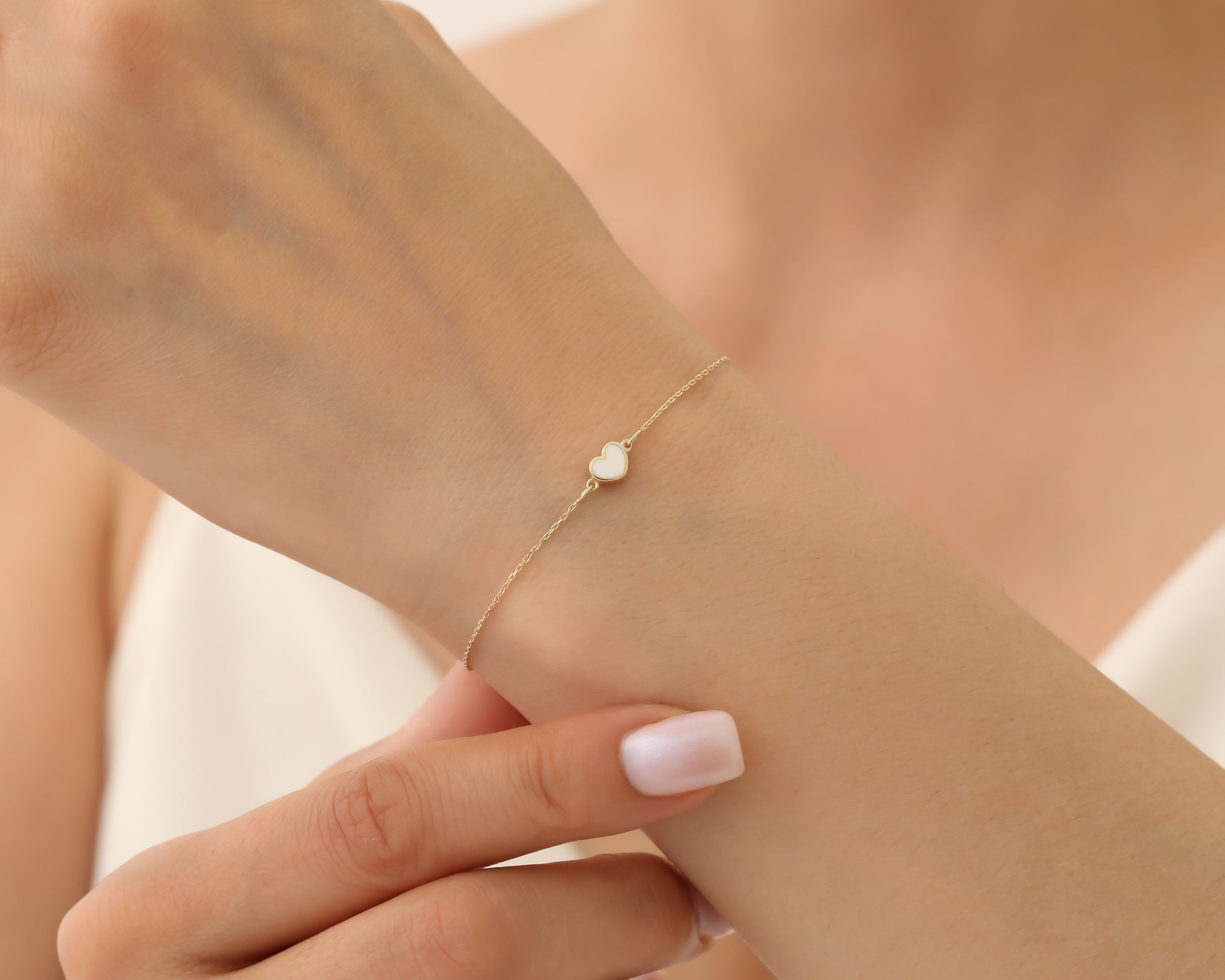 14K Solid Gold Enamel Heart Bracelet – Minimalist and Elegant