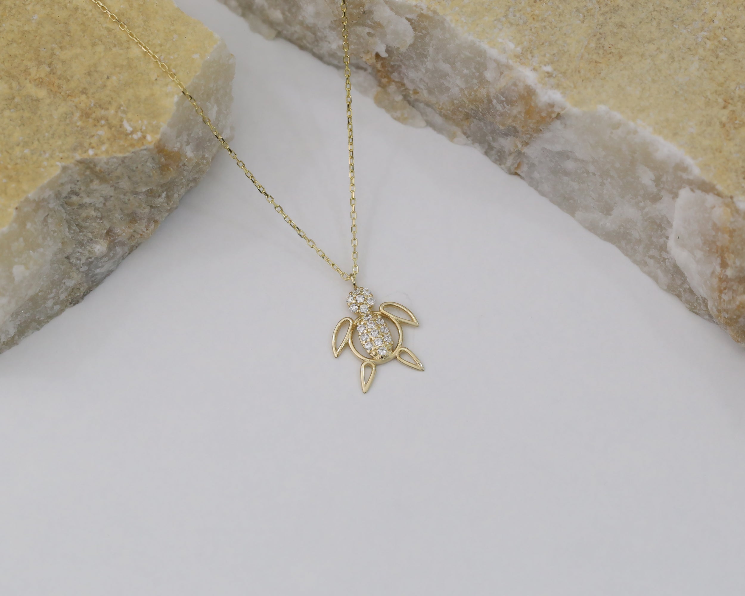 14K Solid Gold Turtle Pendant Necklace