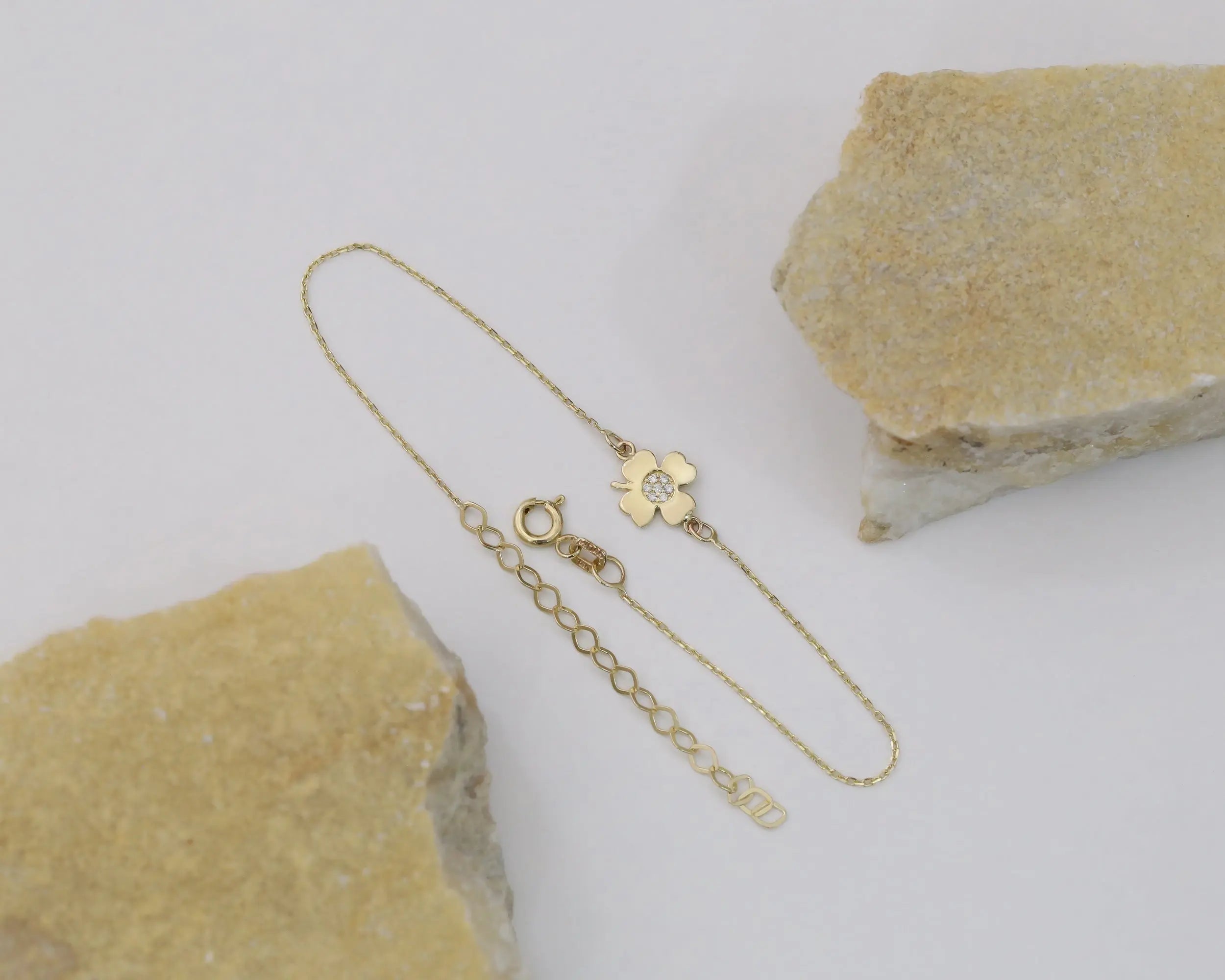 14K Solid Gold Four-Leaf Clover Bracelet - Lucky Charm