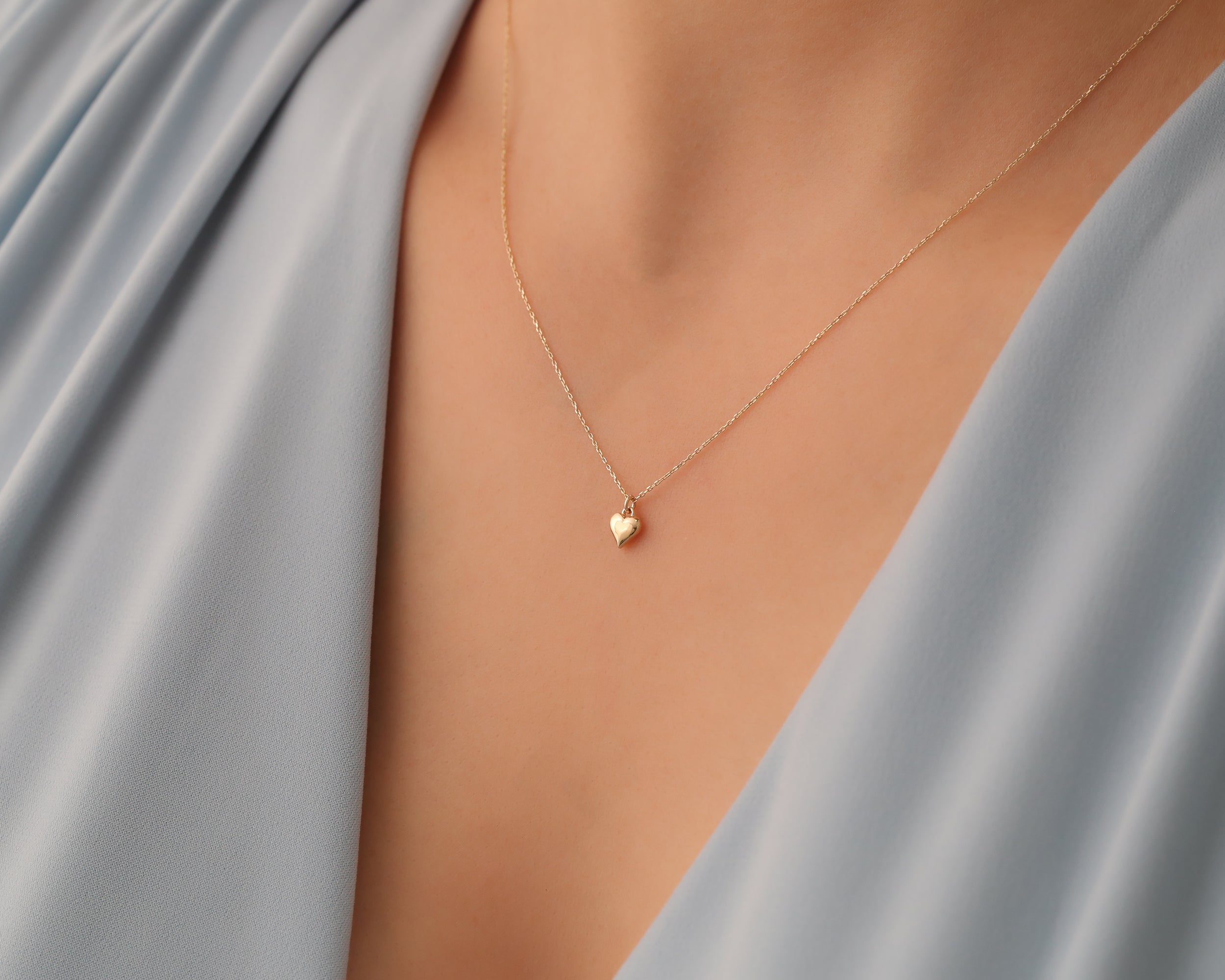 14K Solid Gold Dainty Heart Necklace, Minimalist Design Sacred Heart Necklace