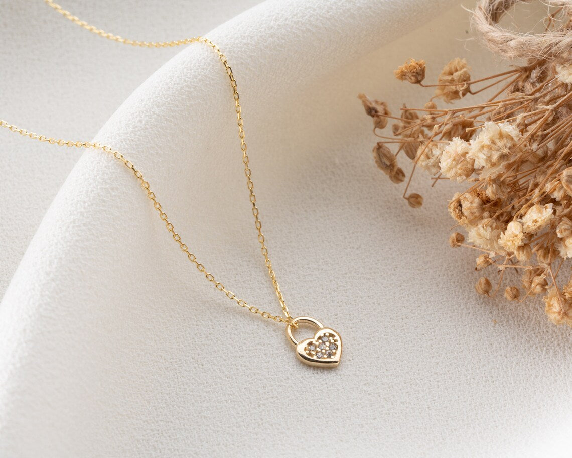 Heart Lock Necklace Gold | 14K Gold PadLock Necklace | Varto Jewelry